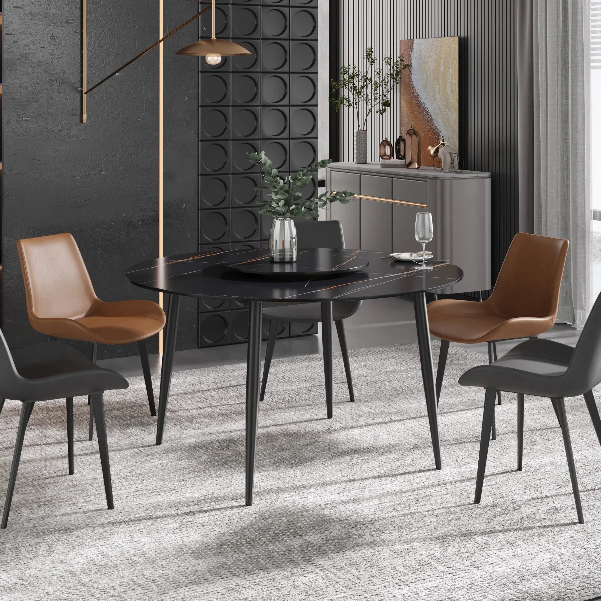 Table de salle à manger Marbella en pierre frittée | Ronde, 53 cm, noir mat, avec piètement en métal et plateau tournant