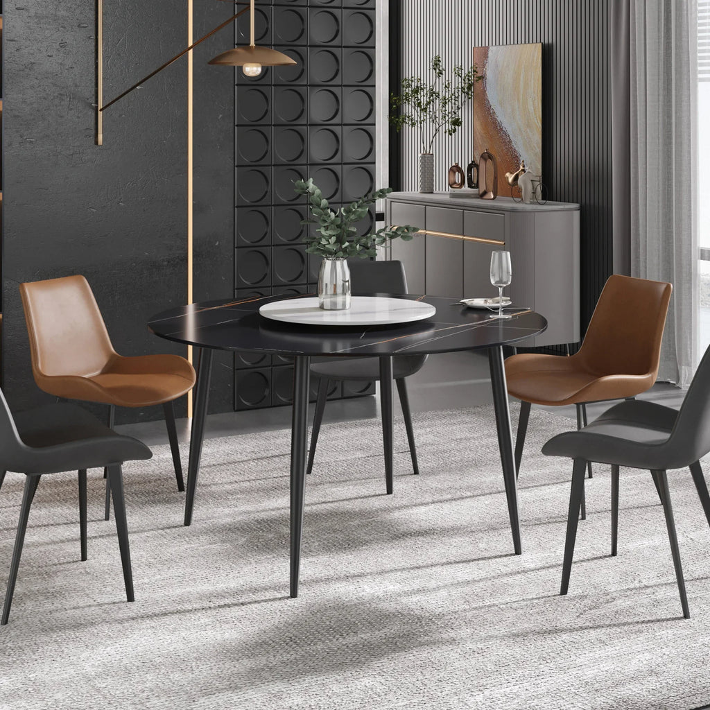 Table de salle à manger Marbella en pierre frittée | Ronde, 53 cm, noir mat, avec piètement en métal et plateau tournant