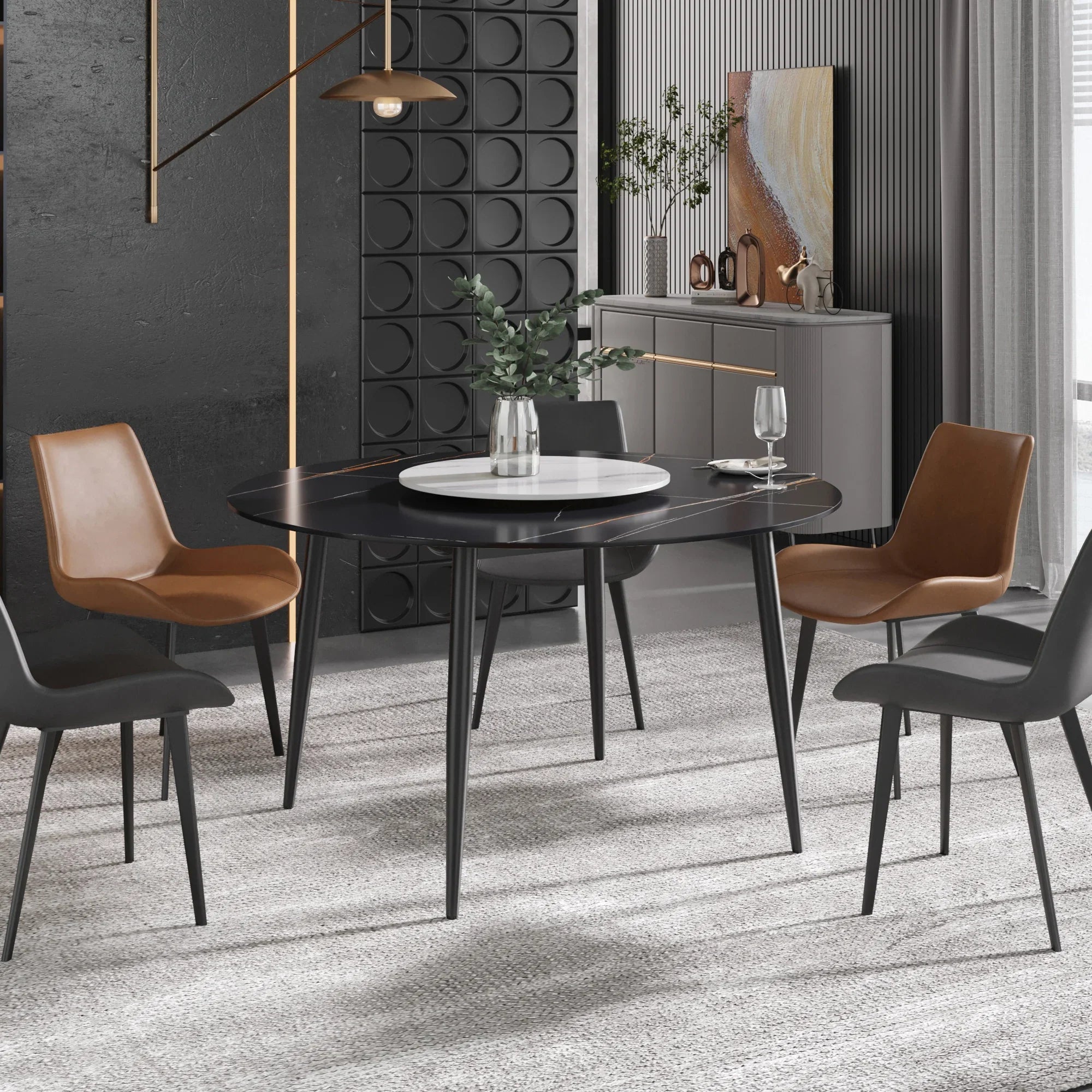 Table de salle à manger Marbella en pierre frittée | Ronde, 53 cm, noir mat, avec piètement en métal et plateau tournant