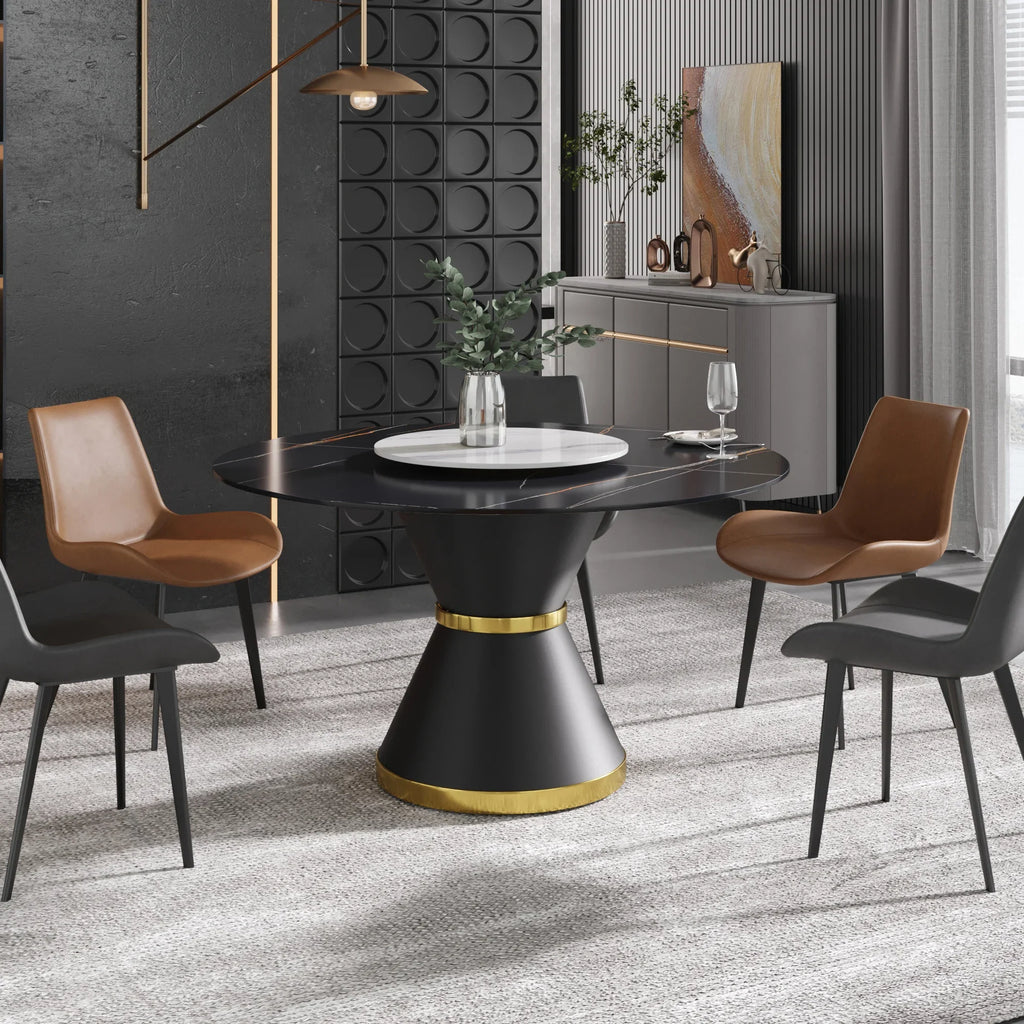 Table de salle à manger Marbella en pierre frittée | Ronde, 53 cm, noir mat, avec piètement en métal et plateau tournant
