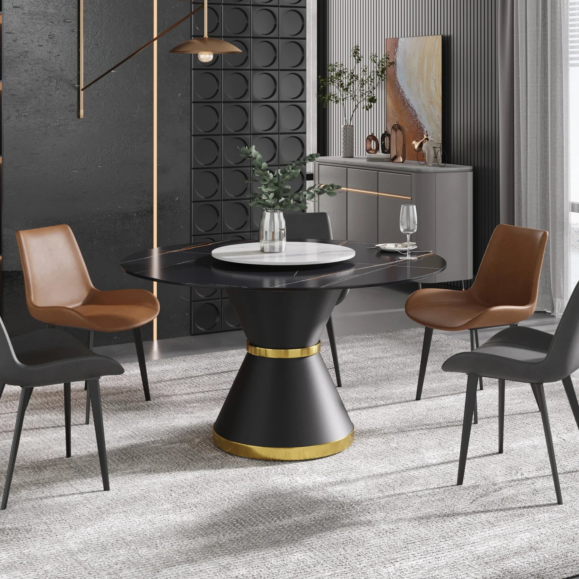 Table de salle à manger Marbella en pierre frittée | Ronde, 53 cm, noir mat, avec piètement en métal et plateau tournant