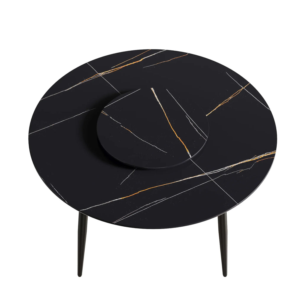 Table de salle à manger Marbella en pierre frittée | Ronde, 53 cm, noir mat, avec piètement en métal et plateau tournant