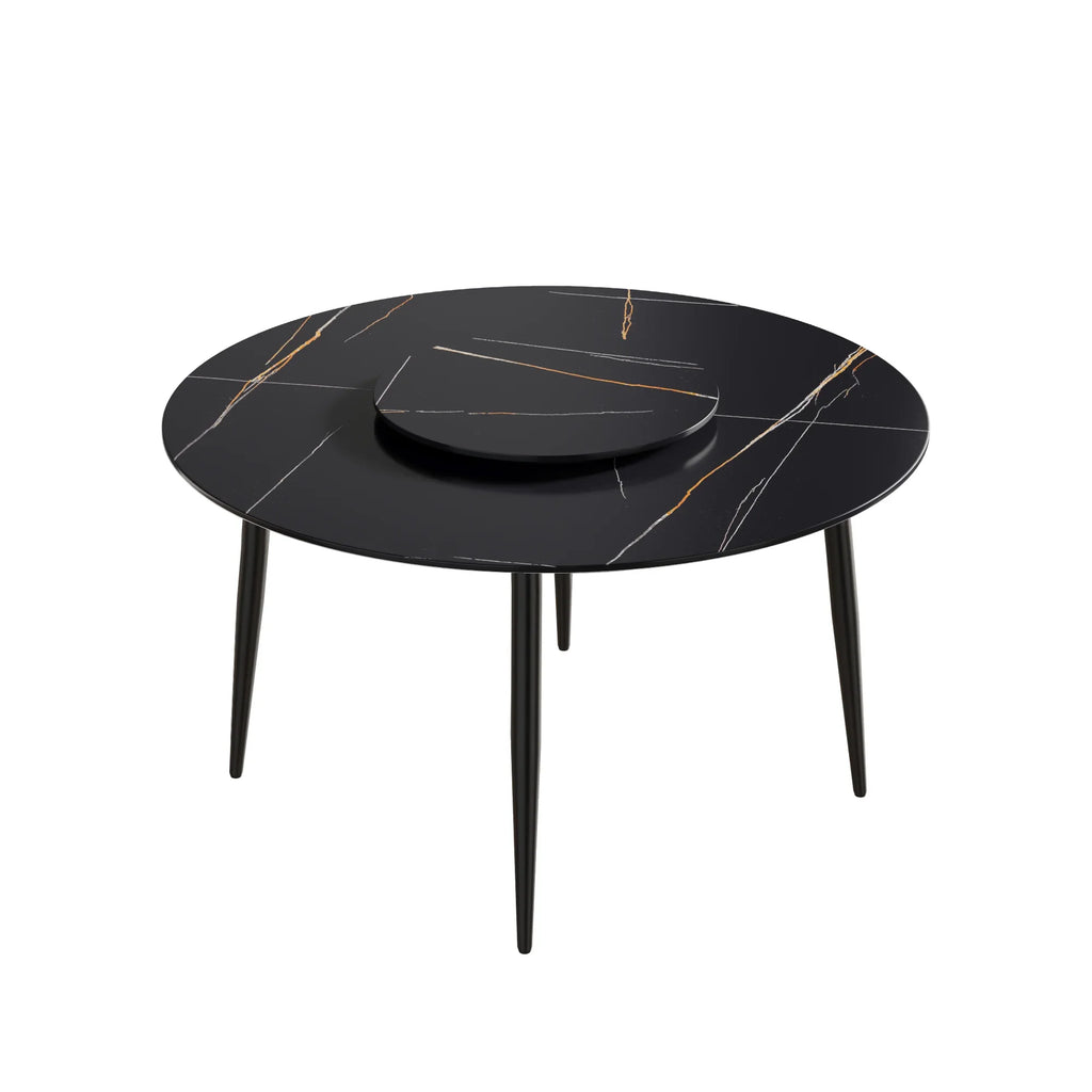 Table de salle à manger Marbella en pierre frittée | Ronde, 53 cm, noir mat, avec piètement en métal et plateau tournant