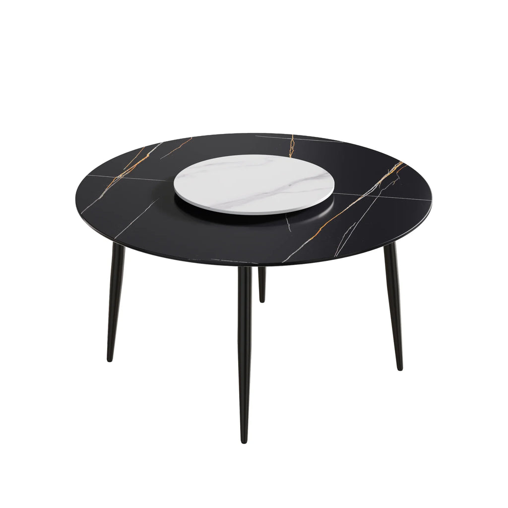 Table de salle à manger Marbella en pierre frittée | Ronde, 53 cm, noir mat, avec piètement en métal et plateau tournant