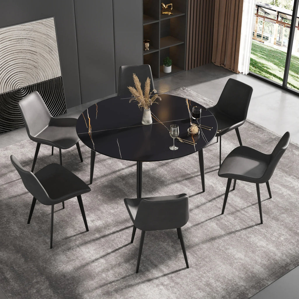 Table de salle à manger Marbella en pierre frittée | Ronde, 53 cm, noir mat, avec piètement en métal