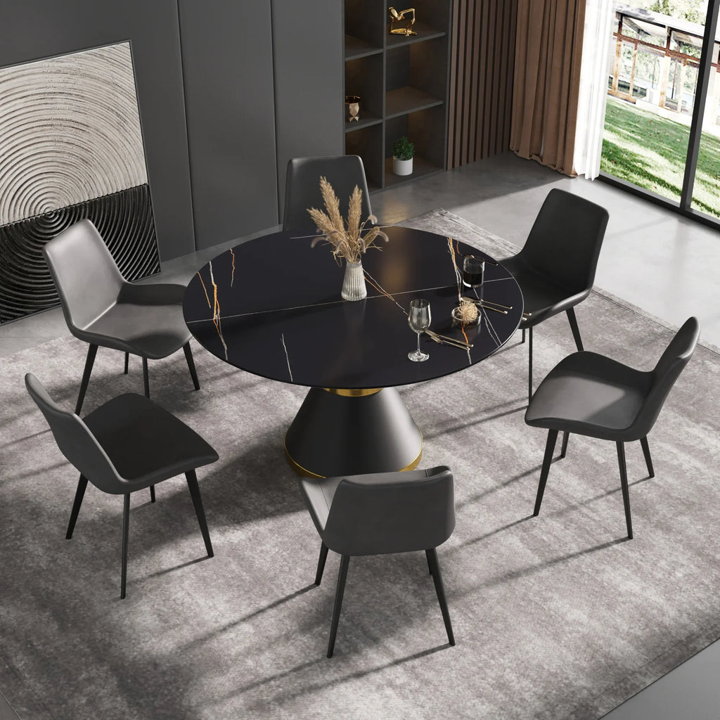 Table de salle à manger Marbella en pierre frittée | Ronde, 53 cm, noir mat, avec piètement en métal