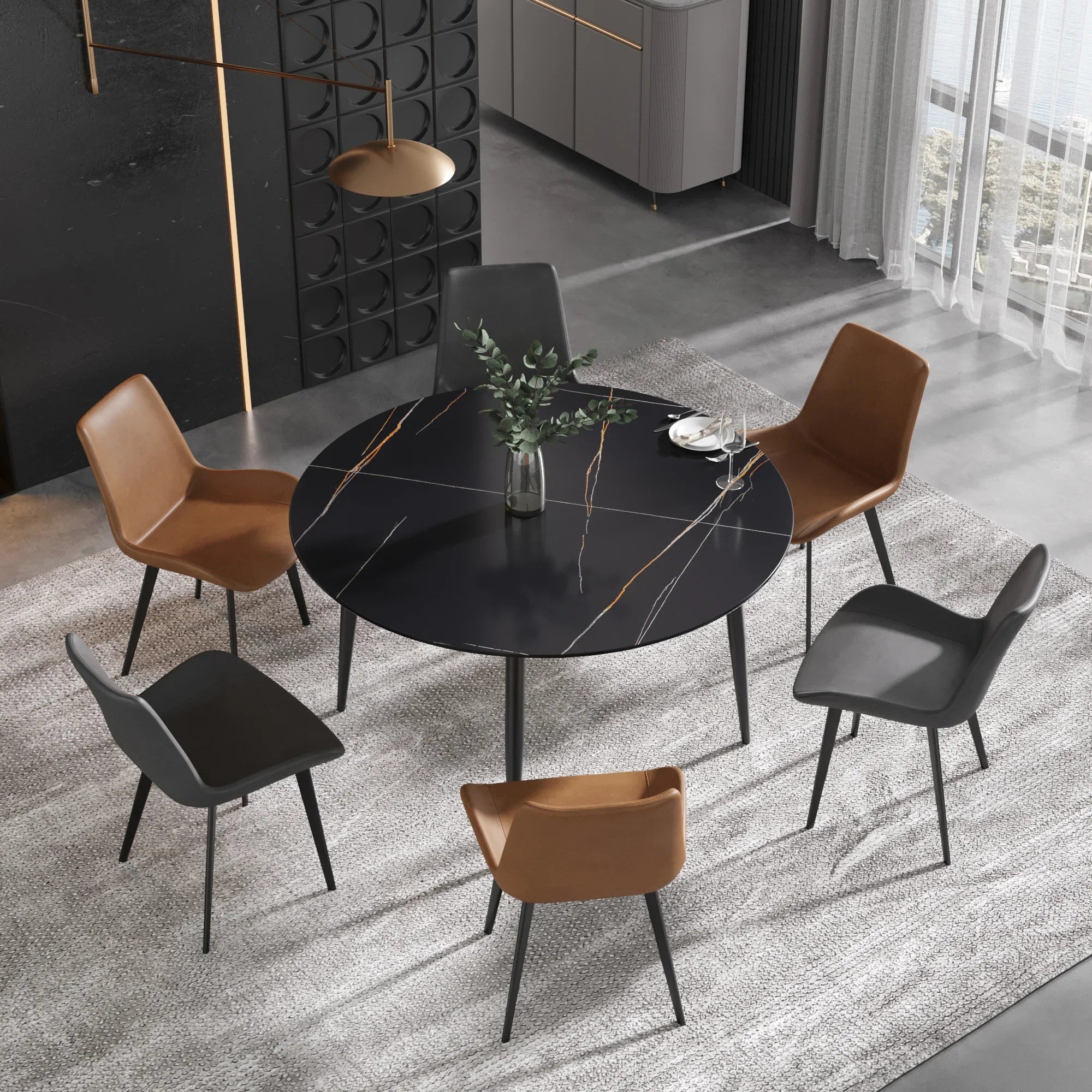 Table de salle à manger Marbella en pierre frittée | Ronde, 53 cm, noir mat, avec piètement en métal