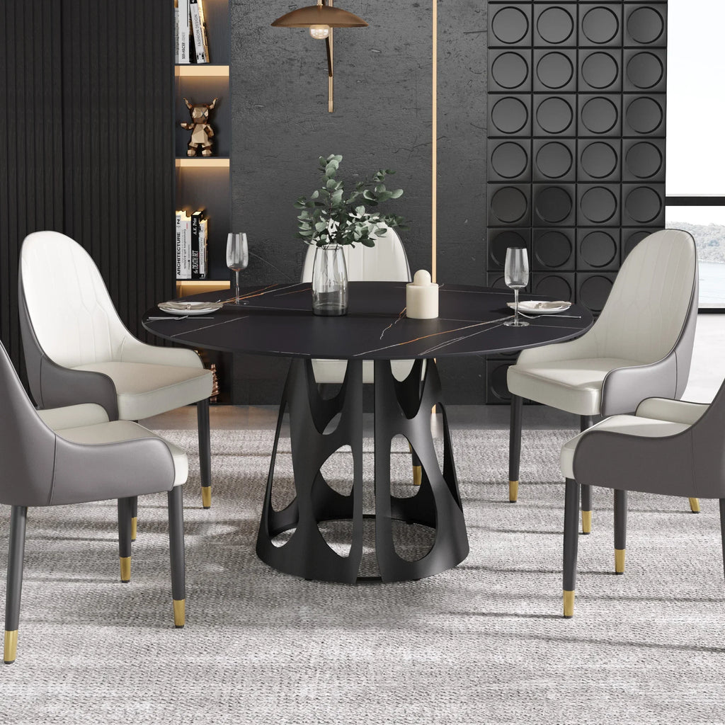 Table de salle à manger Marbella en pierre frittée | Ronde, 53 cm, noir mat, avec piètement en métal