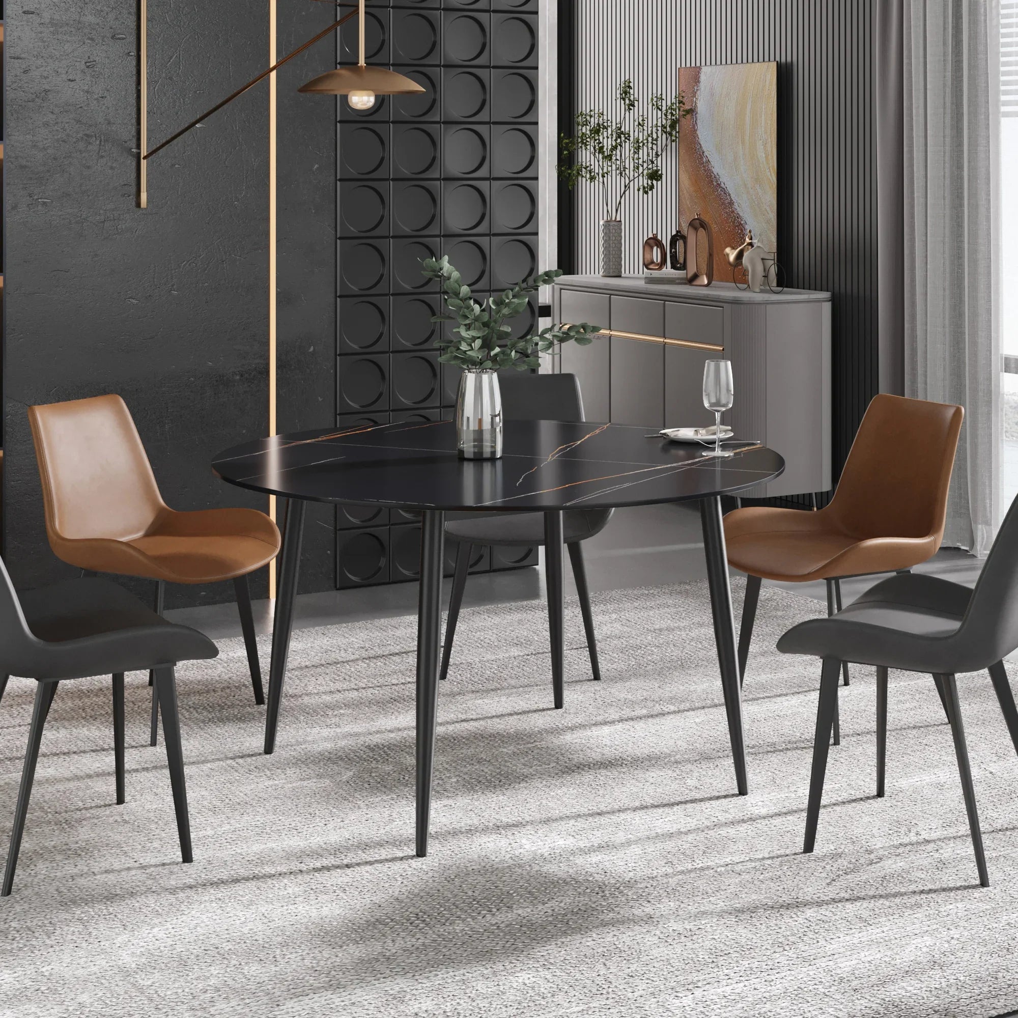 Table de salle à manger Marbella en pierre frittée | Ronde, 53 cm, noir mat, avec piètement en métal