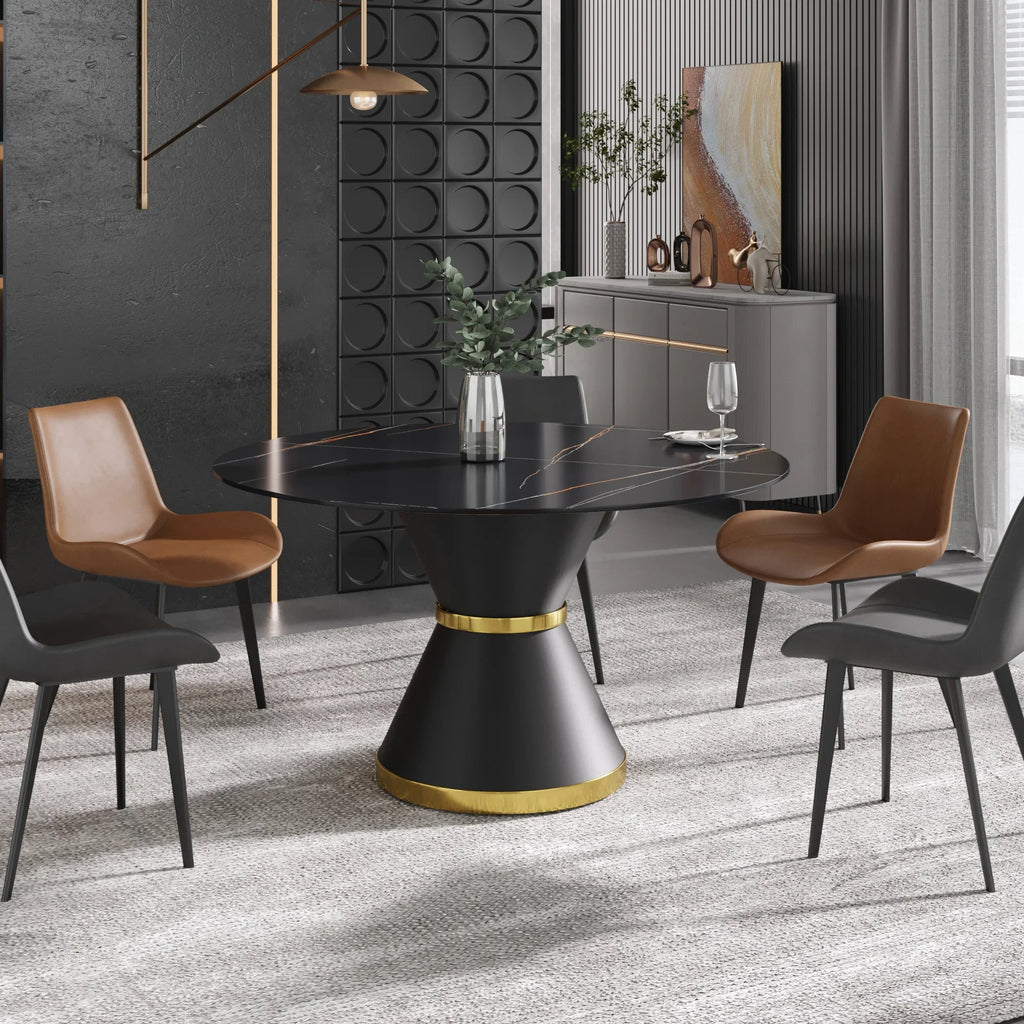 Table de salle à manger Marbella en pierre frittée | Ronde, 53 cm, noir mat, avec piètement en métal