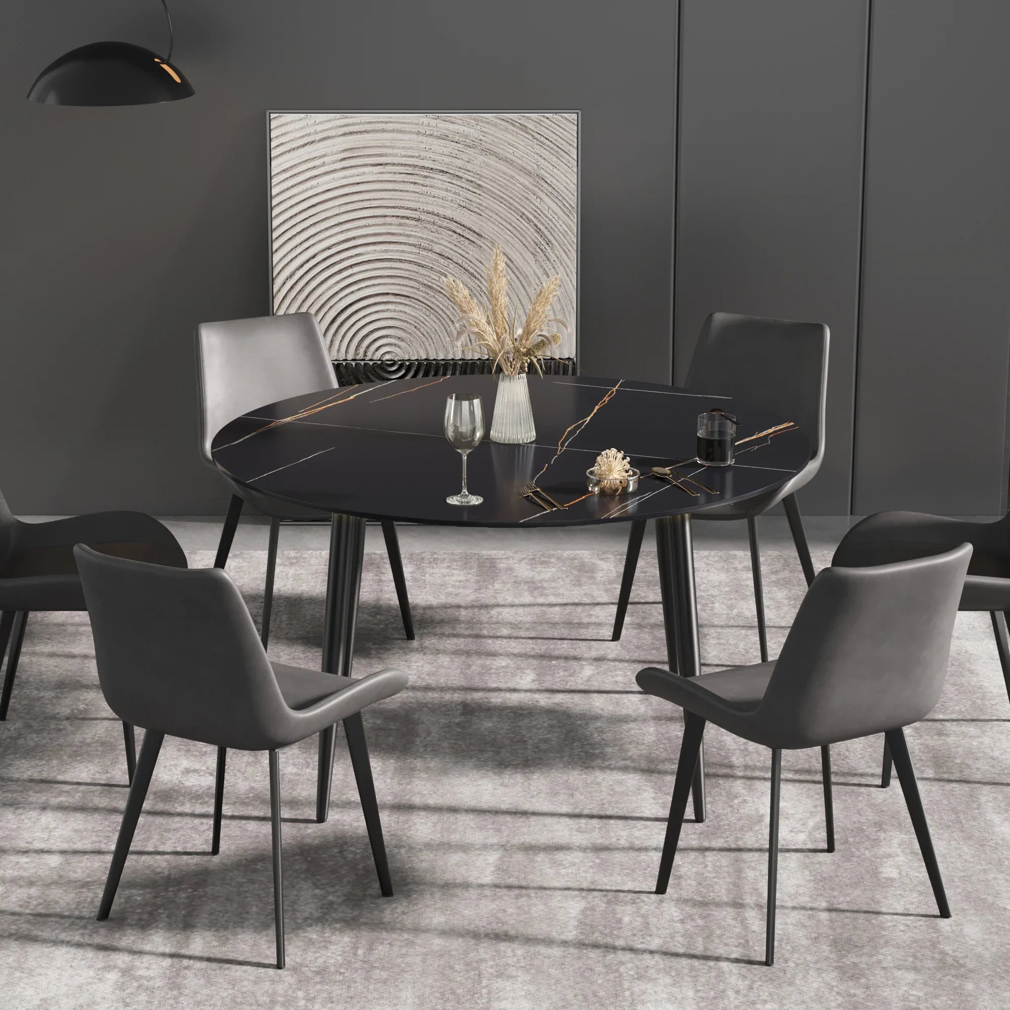 Table de salle à manger Marbella en pierre frittée | Ronde, 53 cm, noir mat, avec piètement en métal