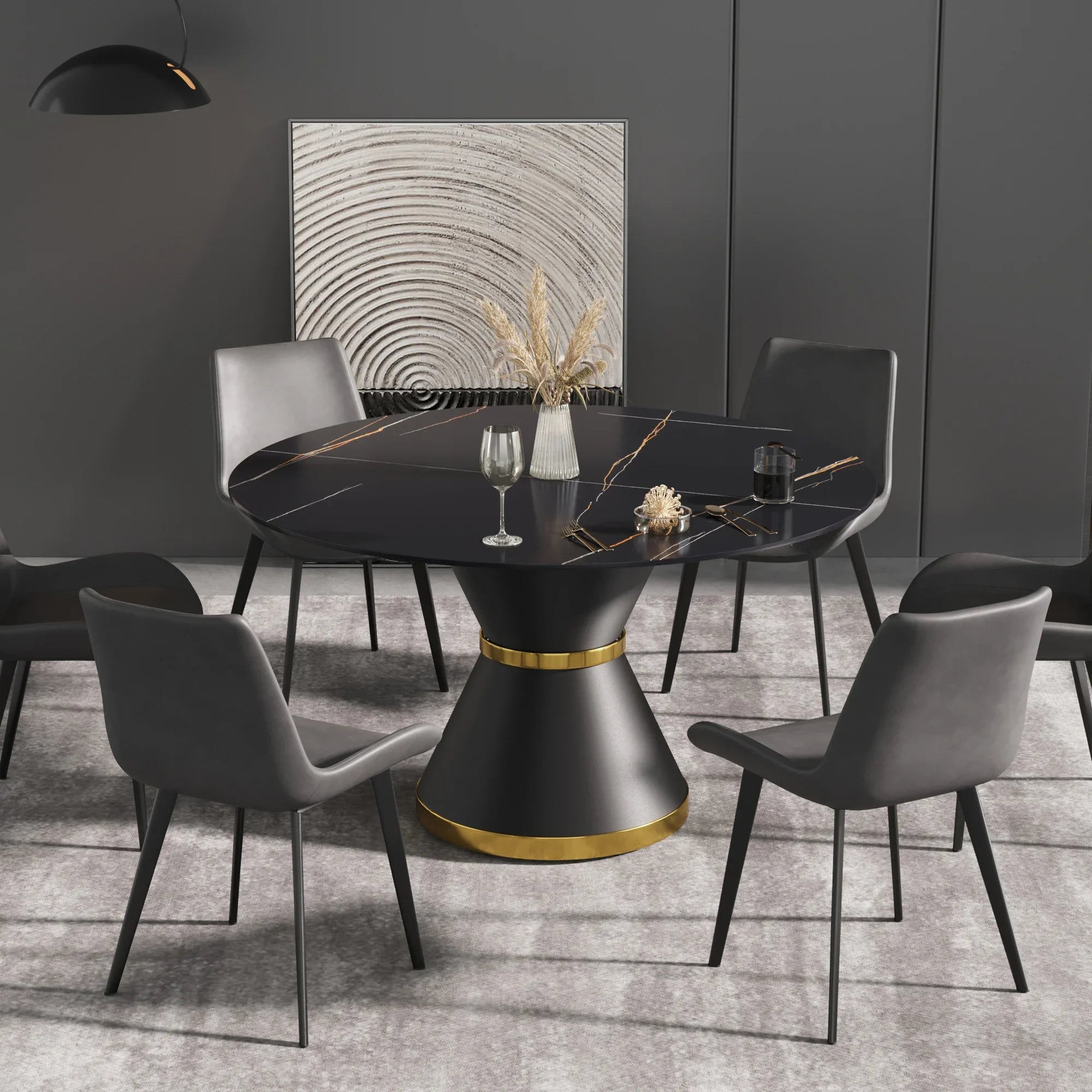 Table de salle à manger Marbella en pierre frittée | Ronde, 53 cm, noir mat, avec piètement en métal