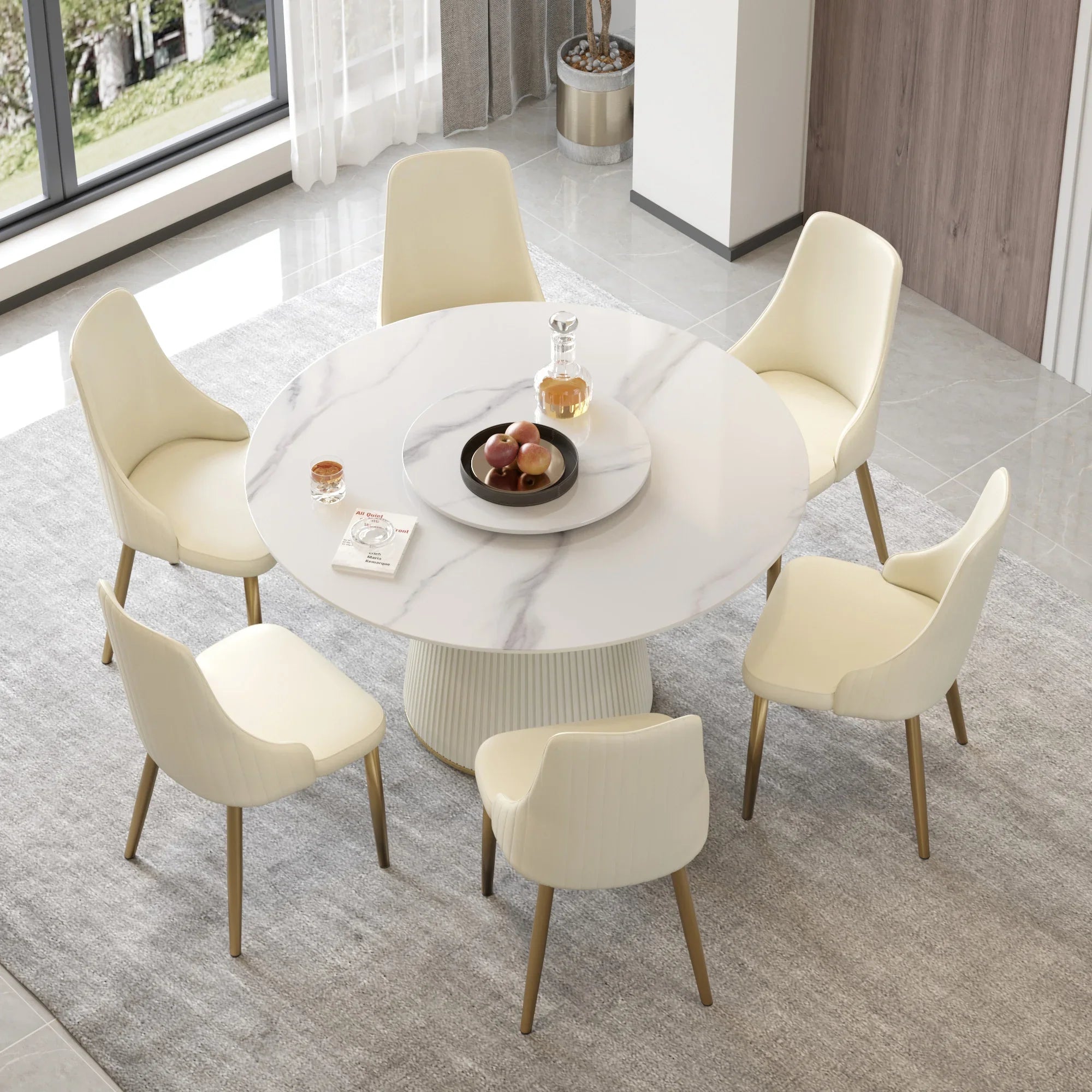 Table de salle à manger Marbella en pierre frittée | Ronde 53 cm, blanc brillant, avec plateau tournant Lazy Susan