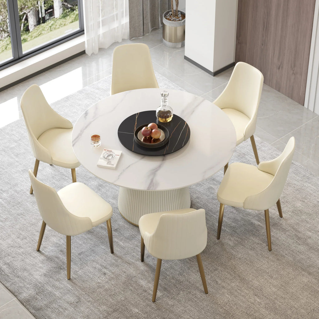 Table de salle à manger Marbella en pierre frittée | Ronde 53 cm, blanc brillant, avec plateau tournant Lazy Susan