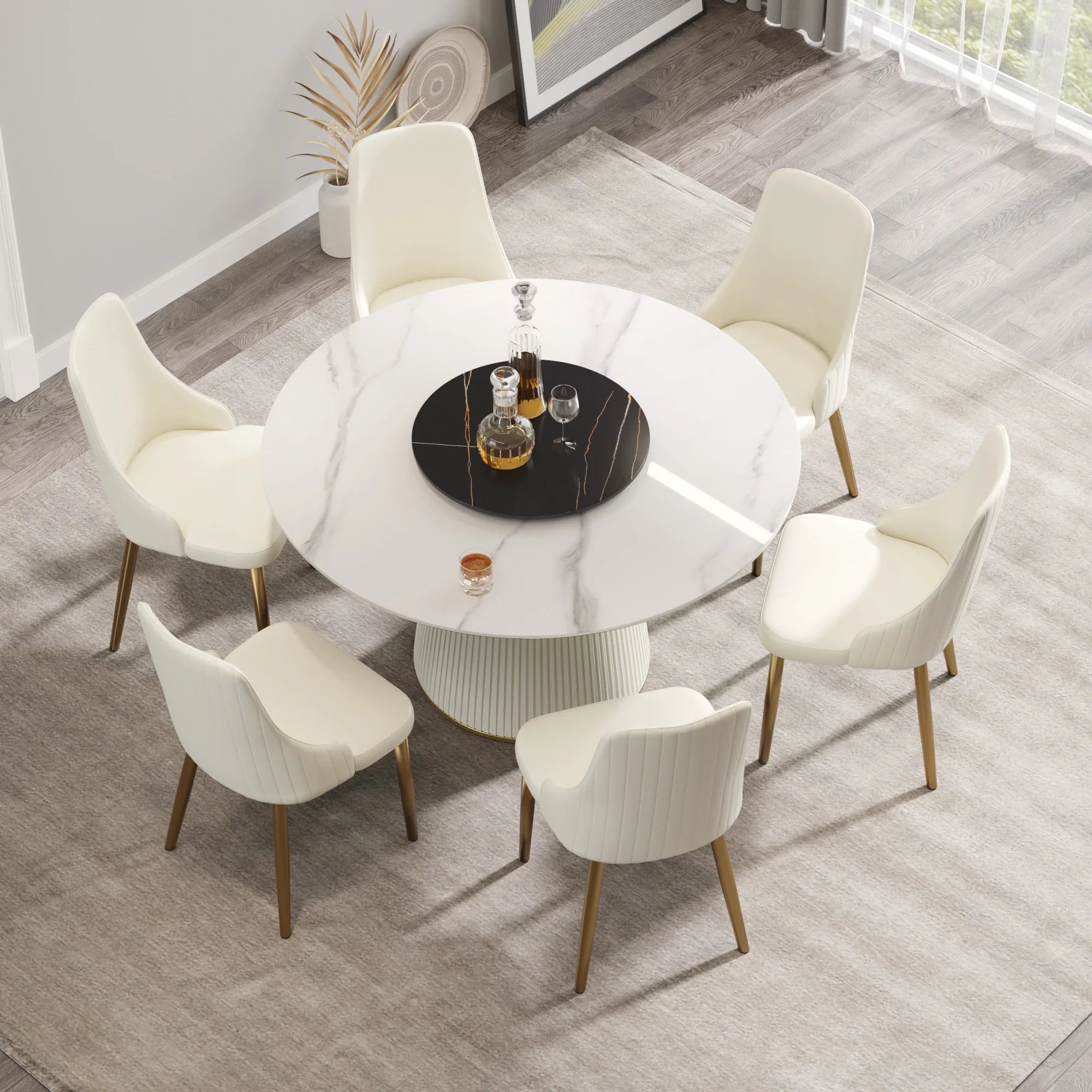 Table de salle à manger Marbella en pierre frittée | Ronde 53 cm, blanc brillant, avec plateau tournant Lazy Susan