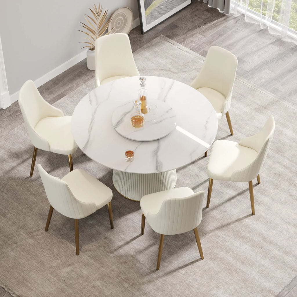 Table de salle à manger Marbella en pierre frittée | Ronde 53 cm, blanc brillant, avec plateau tournant Lazy Susan