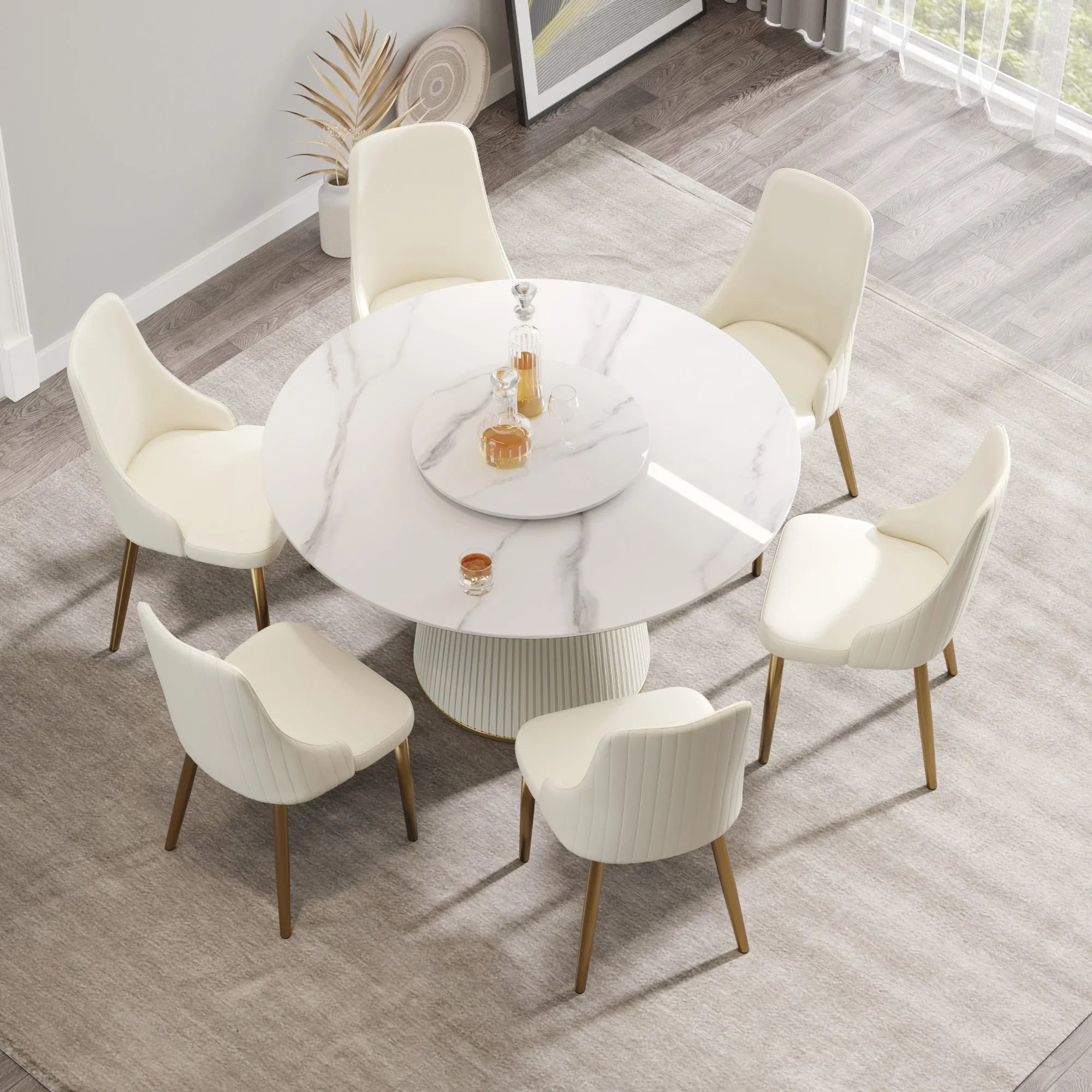 Table de salle à manger Marbella en pierre frittée | Ronde 53 cm, blanc brillant, avec plateau tournant Lazy Susan