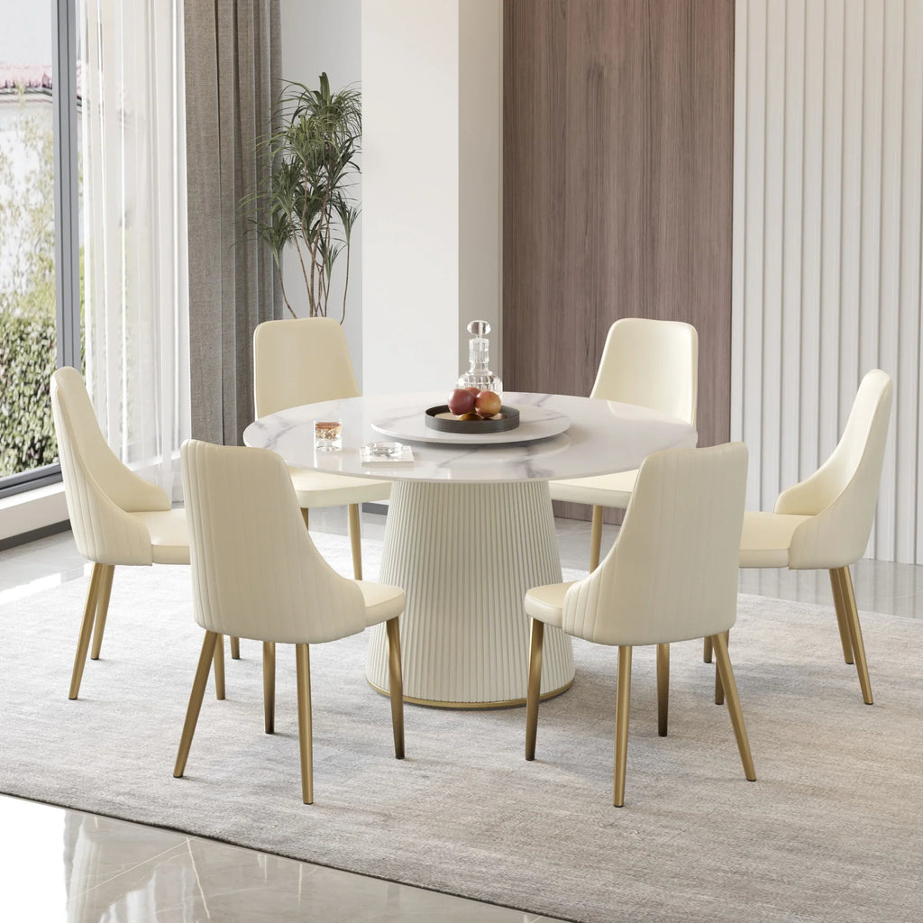 Table de salle à manger Marbella en pierre frittée | Ronde 53 cm, blanc brillant, avec plateau tournant Lazy Susan
