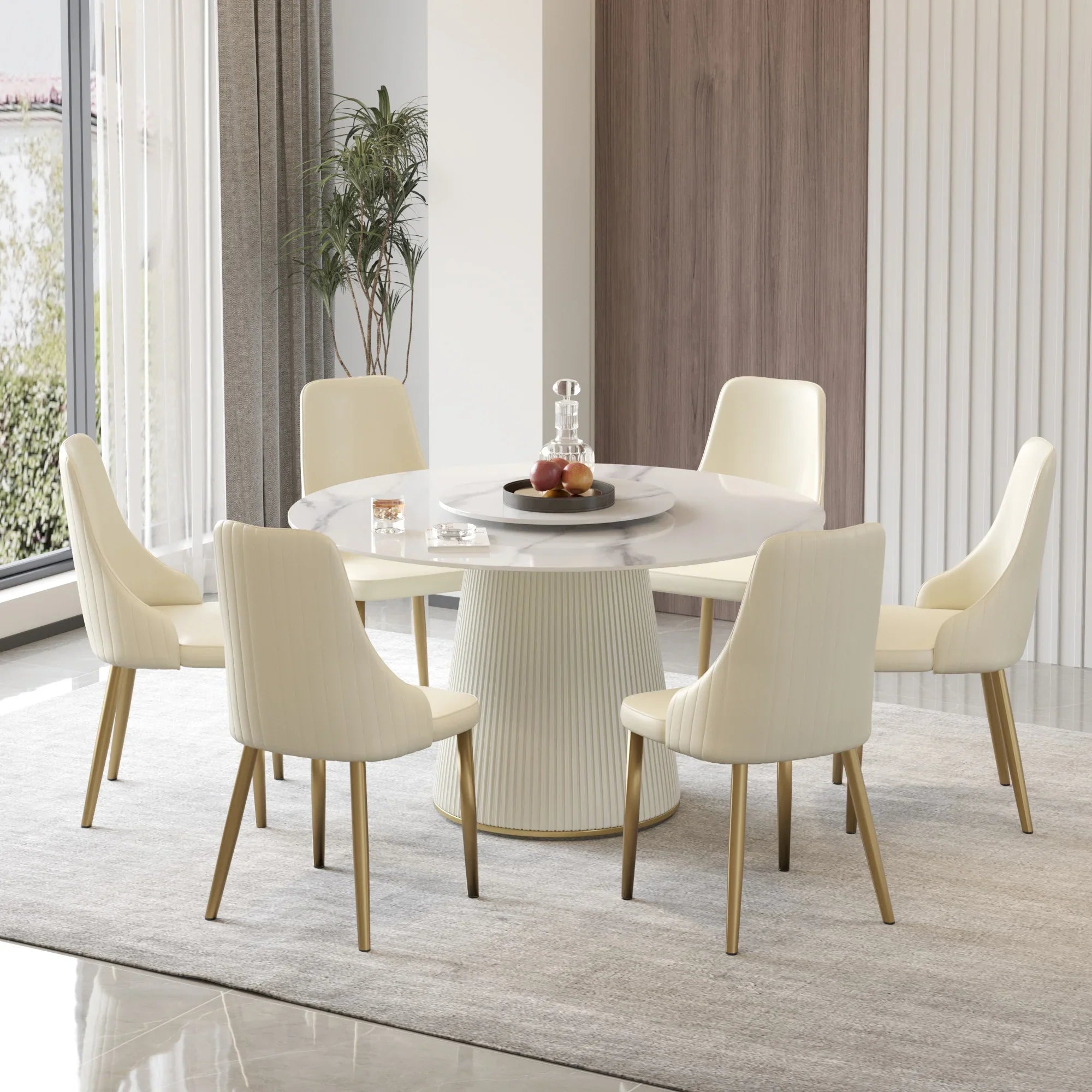 Table de salle à manger Marbella en pierre frittée | Ronde 53 cm, blanc brillant, avec plateau tournant Lazy Susan