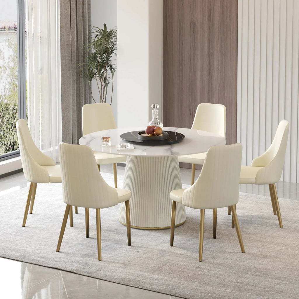 Table de salle à manger Marbella en pierre frittée | Ronde 53 cm, blanc brillant, avec plateau tournant Lazy Susan