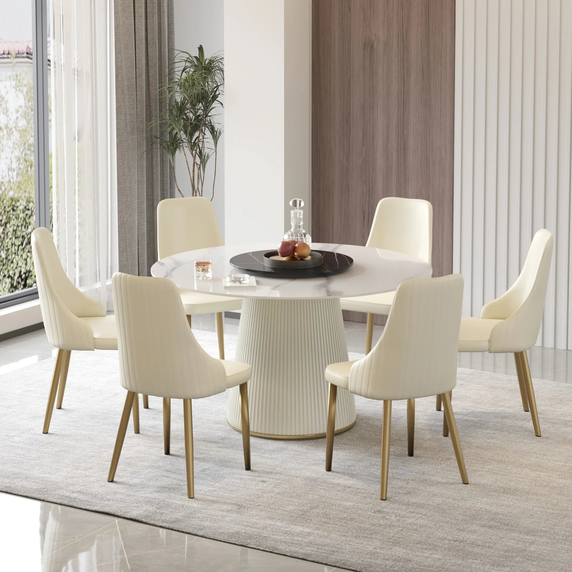 Table de salle à manger Marbella en pierre frittée | Ronde 53 cm, blanc brillant, avec plateau tournant Lazy Susan