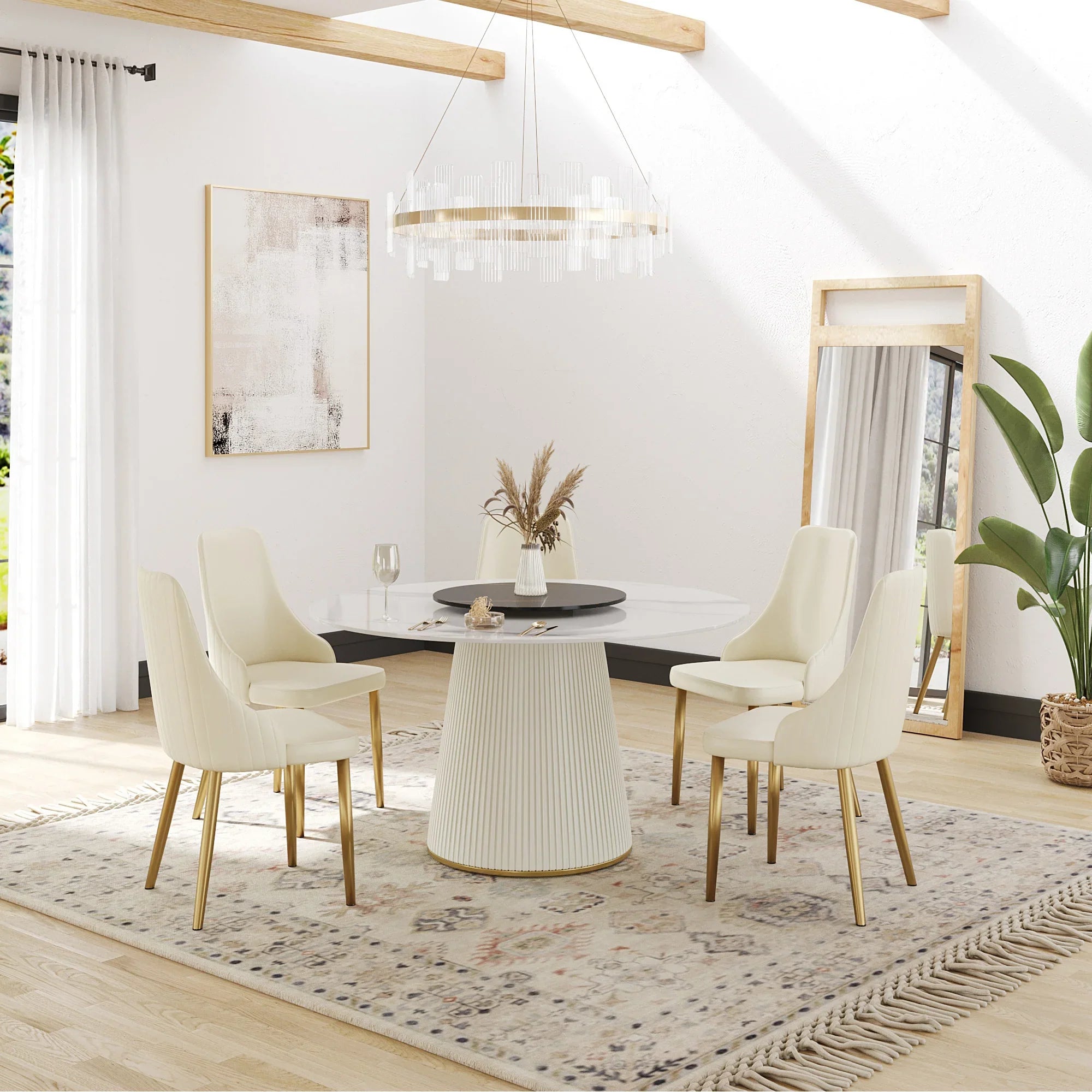 Table de salle à manger Marbella en pierre frittée | Ronde 53 cm, blanc brillant, avec plateau tournant Lazy Susan