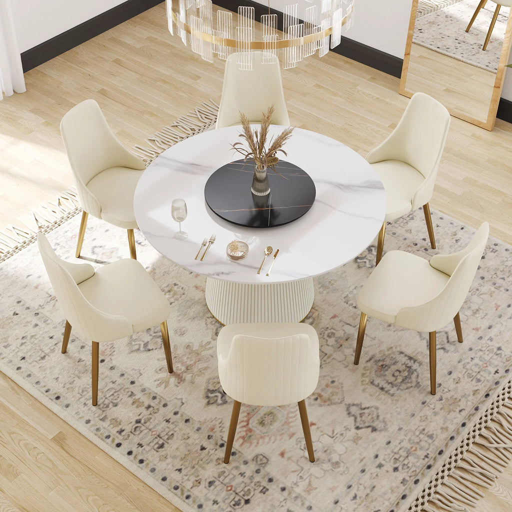 Table de salle à manger Marbella en pierre frittée | Ronde 53 cm, blanc brillant, avec plateau tournant Lazy Susan