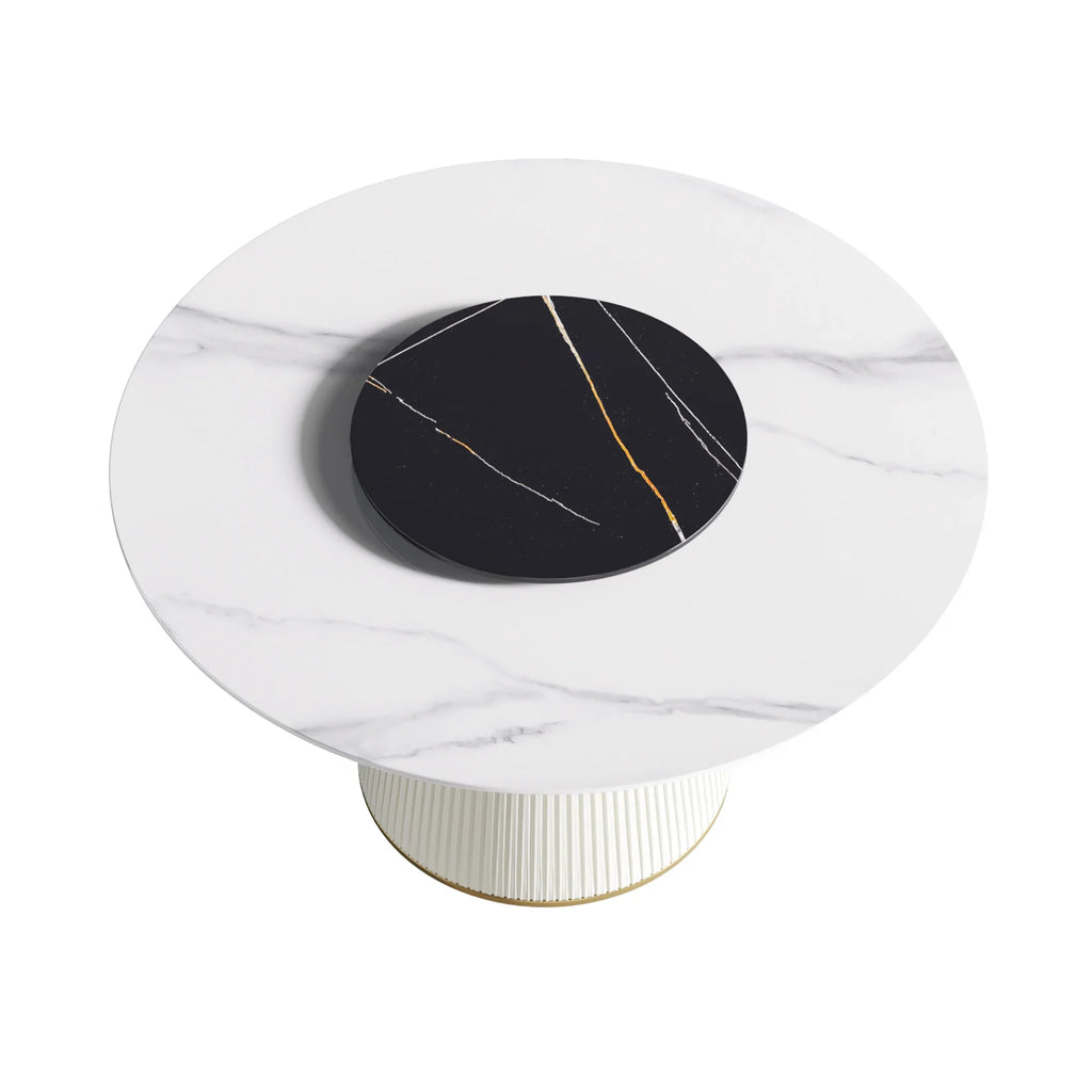 Table de salle à manger Marbella en pierre frittée | Ronde 53 cm, blanc brillant, avec plateau tournant Lazy Susan