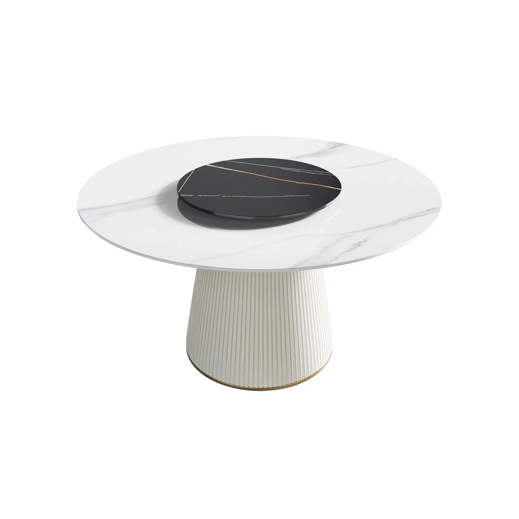 Table de salle à manger Marbella en pierre frittée | Ronde 53 cm, blanc brillant, avec plateau tournant Lazy Susan