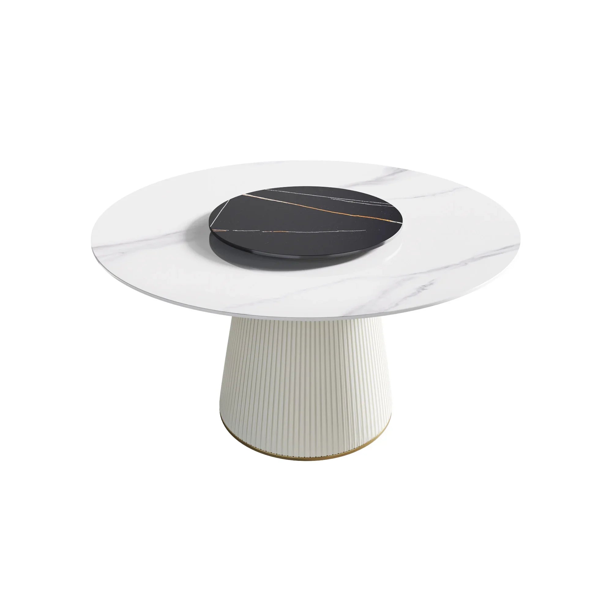Table de salle à manger Marbella en pierre frittée | Ronde 53 cm, blanc brillant, avec plateau tournant Lazy Susan