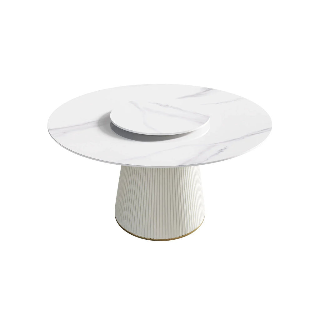 Table de salle à manger Marbella en pierre frittée | Ronde 53 cm, blanc brillant, avec plateau tournant Lazy Susan