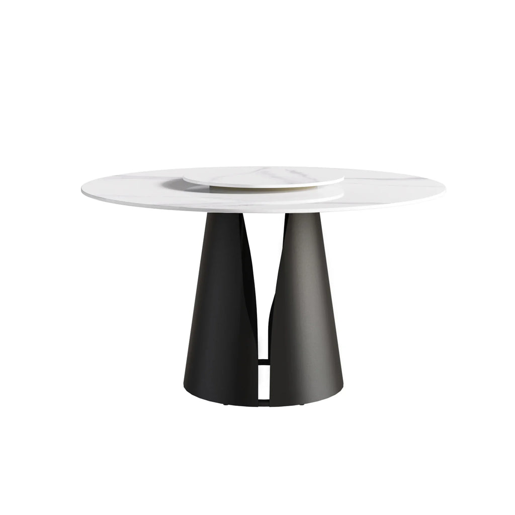 Table de salle à manger Marbella en pierre frittée | Ronde 53 cm, blanc brillant, avec plateau tournant Lazy Susan