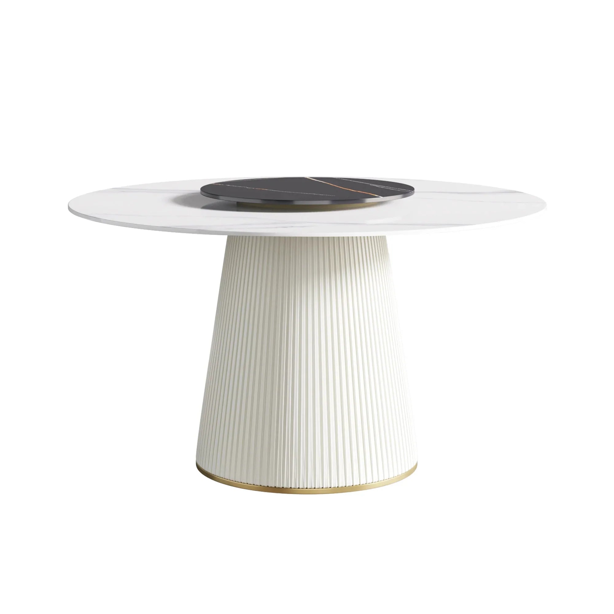 Table de salle à manger Marbella en pierre frittée | Ronde 53 cm, blanc brillant, avec plateau tournant Lazy Susan