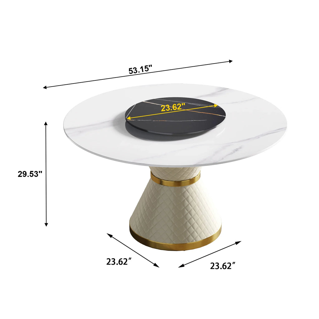 Table de salle à manger Marbella en pierre frittée | Ronde 53 cm, blanc brillant, avec plateau tournant Lazy Susan
