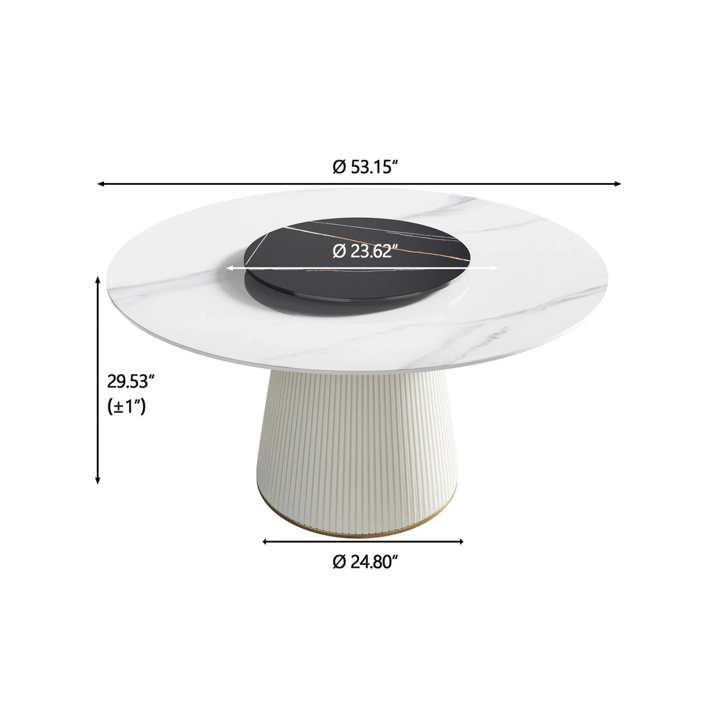 Table de salle à manger Marbella en pierre frittée | Ronde 53 cm, blanc brillant, avec plateau tournant Lazy Susan