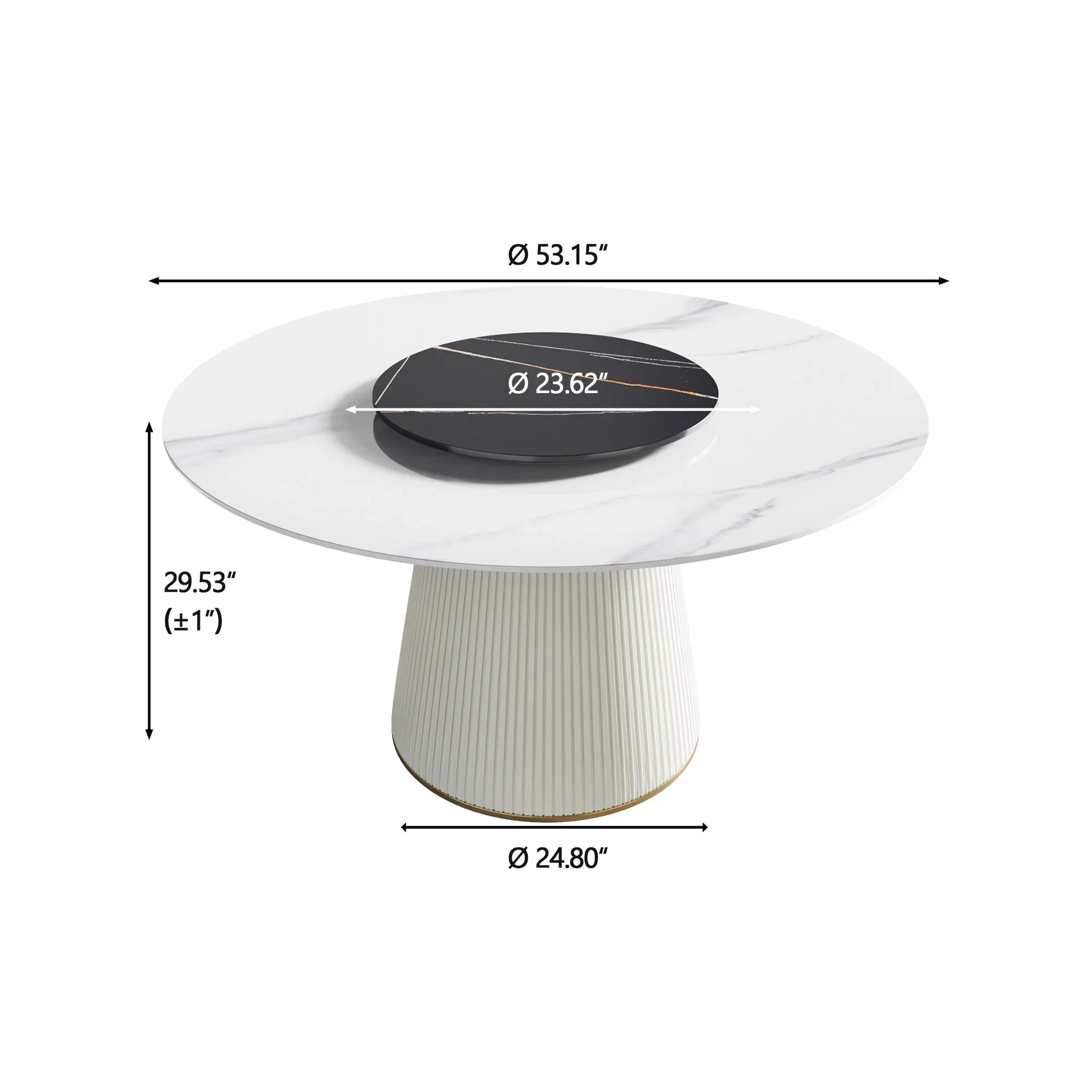 Table de salle à manger Marbella en pierre frittée | Ronde 53 cm, blanc brillant, avec plateau tournant Lazy Susan
