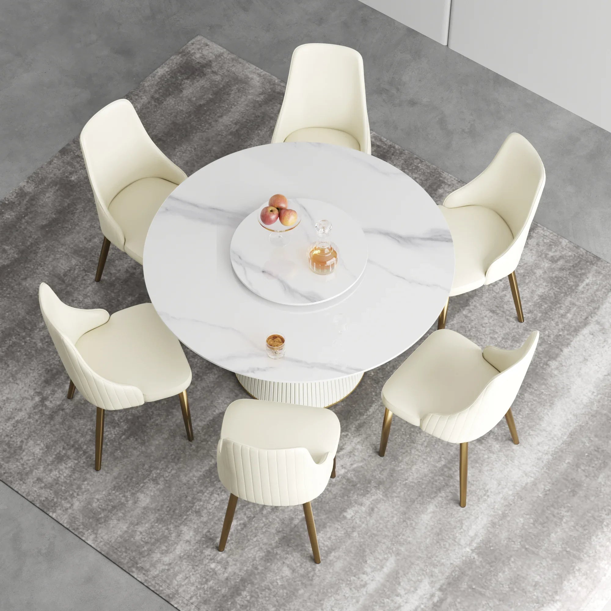 Table de salle à manger Marbella en pierre frittée | Ronde 53 cm, blanc brillant, avec plateau tournant Lazy Susan