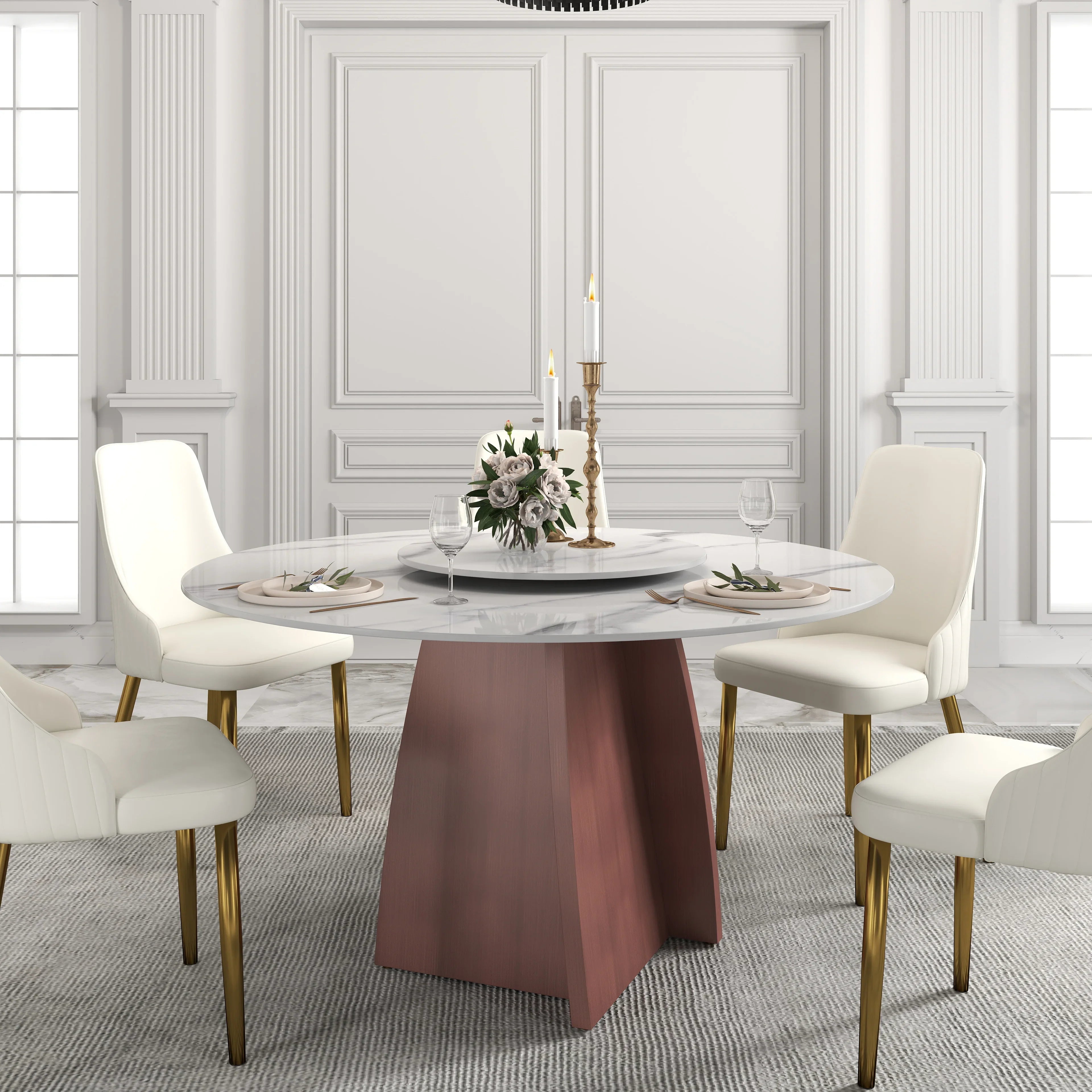 Table de salle à manger Marbella en pierre frittée | Ronde 53 cm, blanc brillant, avec plateau tournant Lazy Susan