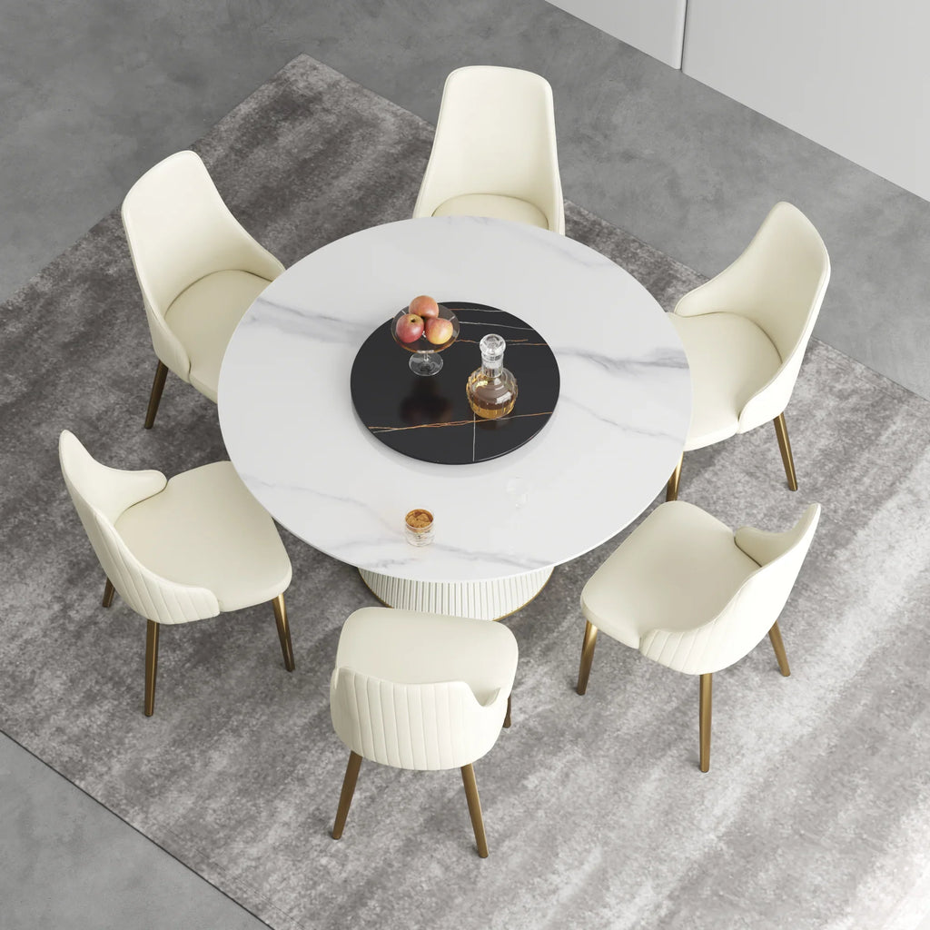 Table de salle à manger Marbella en pierre frittée | Ronde 53 cm, blanc brillant, avec plateau tournant Lazy Susan