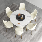 Table de salle à manger Marbella en pierre frittée | Ronde 53 cm, blanc brillant, avec plateau tournant Lazy Susan