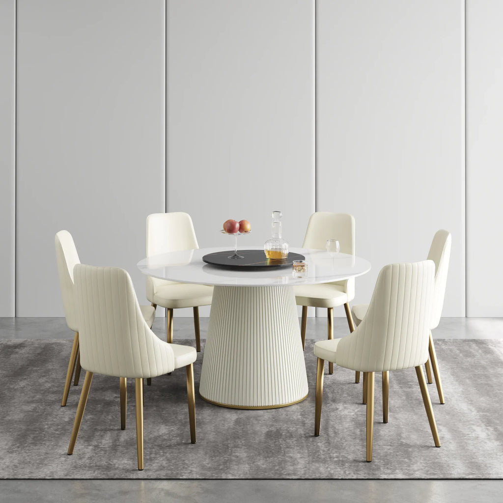 Table de salle à manger Marbella en pierre frittée | Ronde 53 cm, blanc brillant, avec plateau tournant Lazy Susan