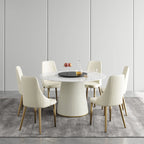Table de salle à manger Marbella en pierre frittée | Ronde 53 cm, blanc brillant, avec plateau tournant Lazy Susan