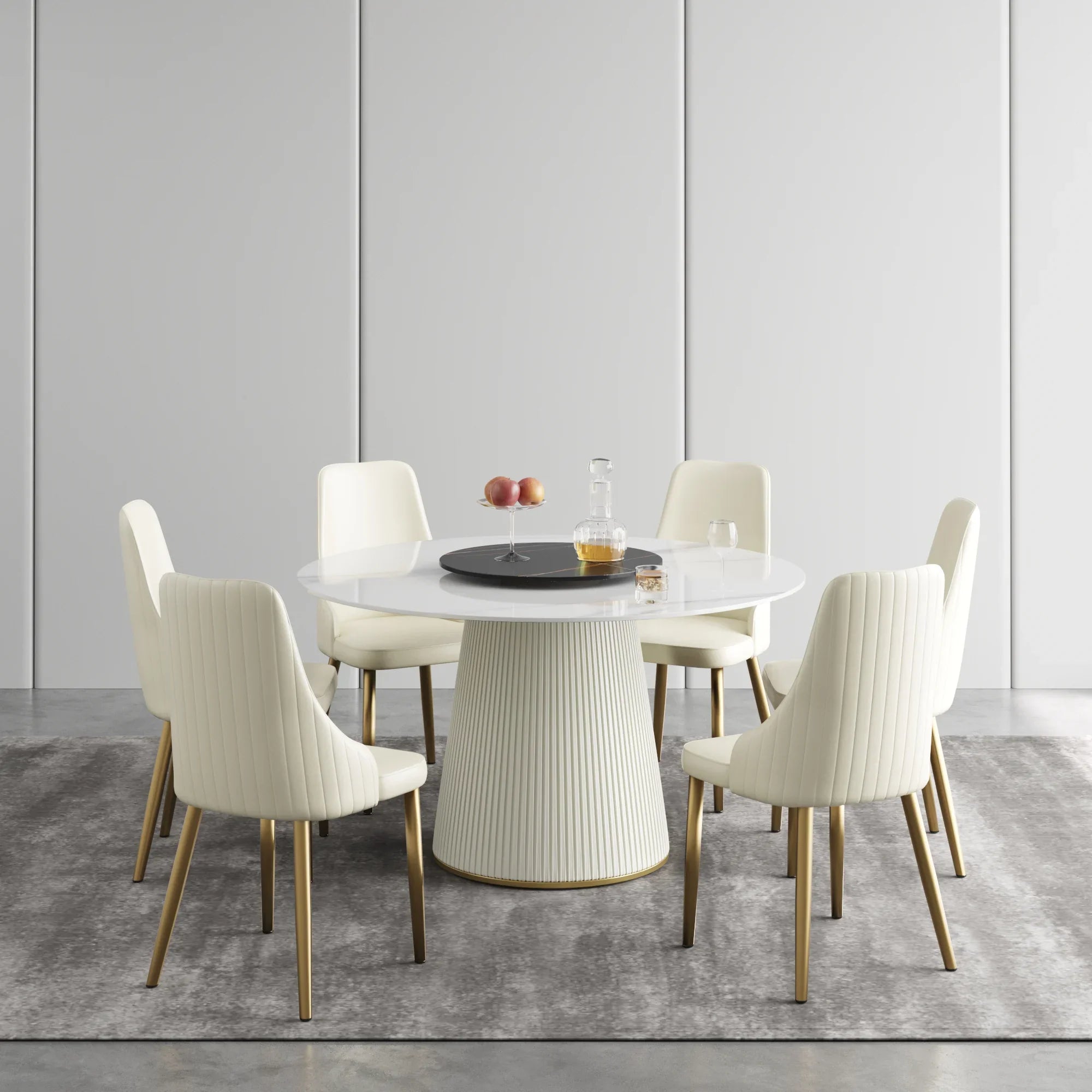 Table de salle à manger Marbella en pierre frittée | Ronde 53 cm, blanc brillant, avec plateau tournant Lazy Susan