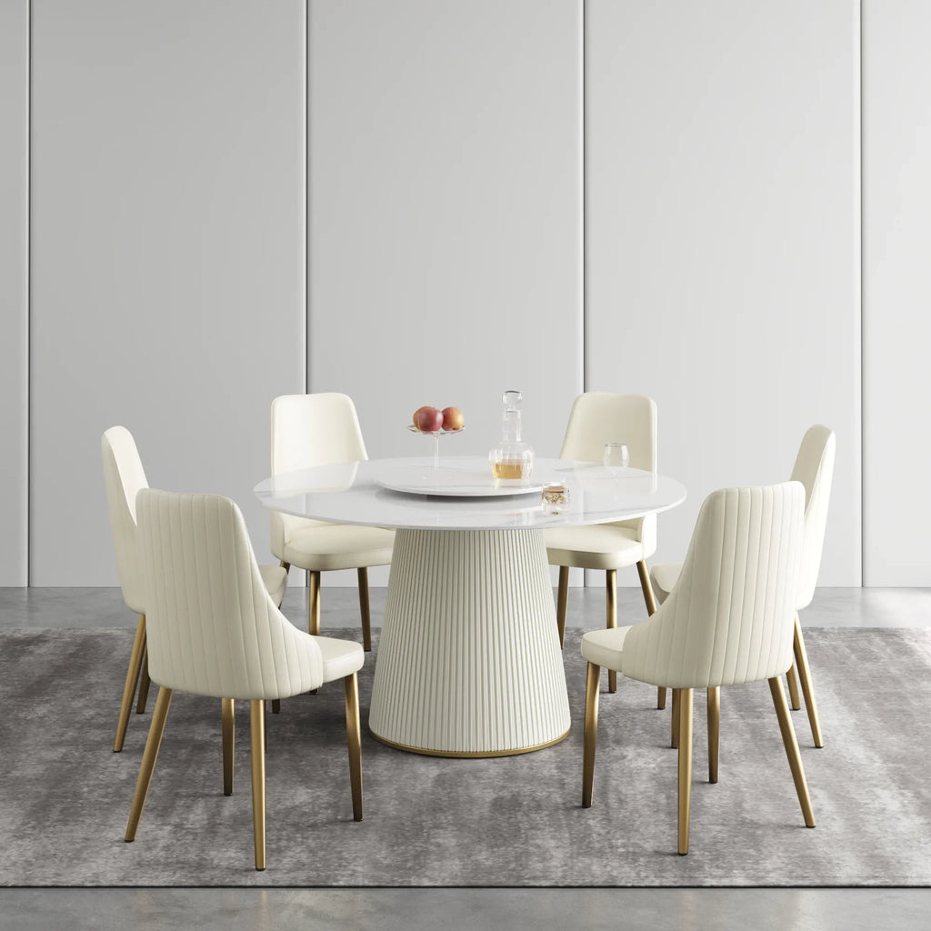 Table de salle à manger Marbella en pierre frittée | Ronde 53 cm, blanc brillant, avec plateau tournant Lazy Susan