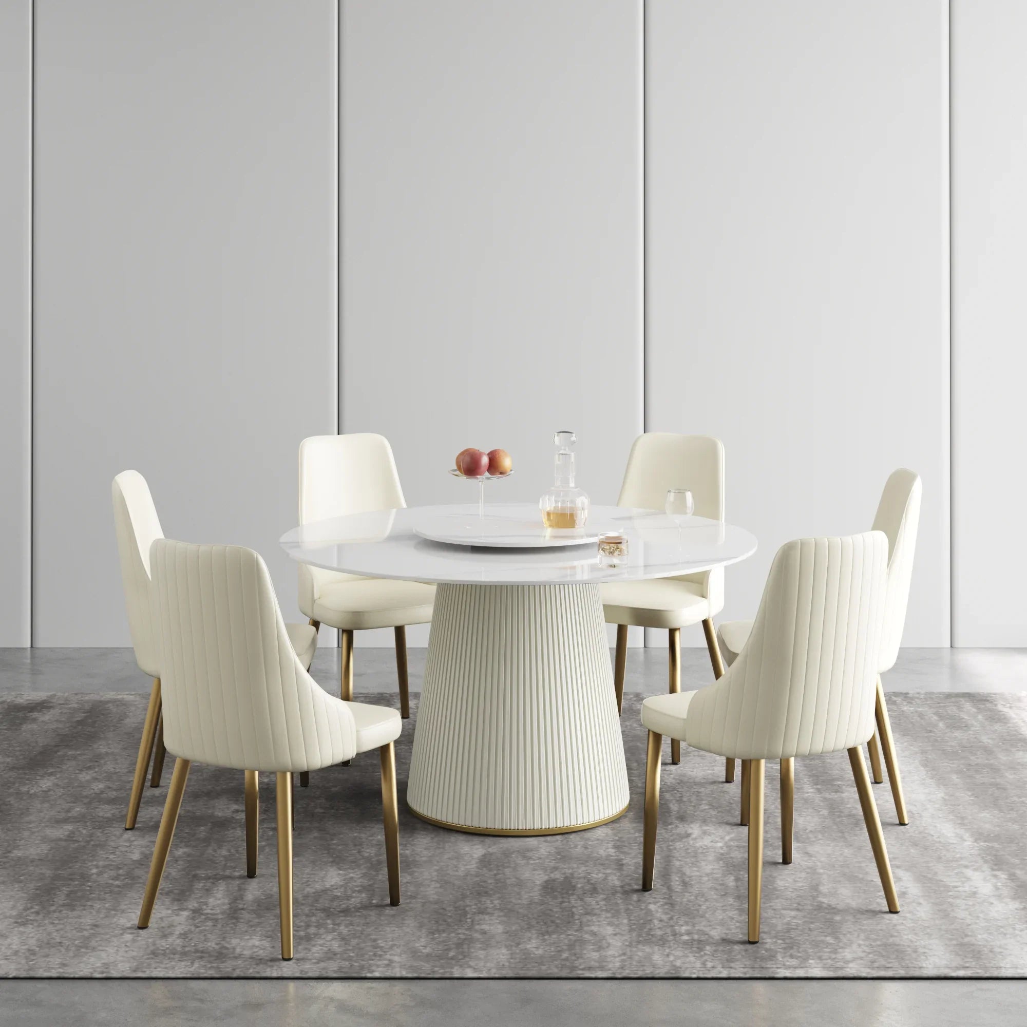 Table de salle à manger Marbella en pierre frittée | Ronde 53 cm, blanc brillant, avec plateau tournant Lazy Susan