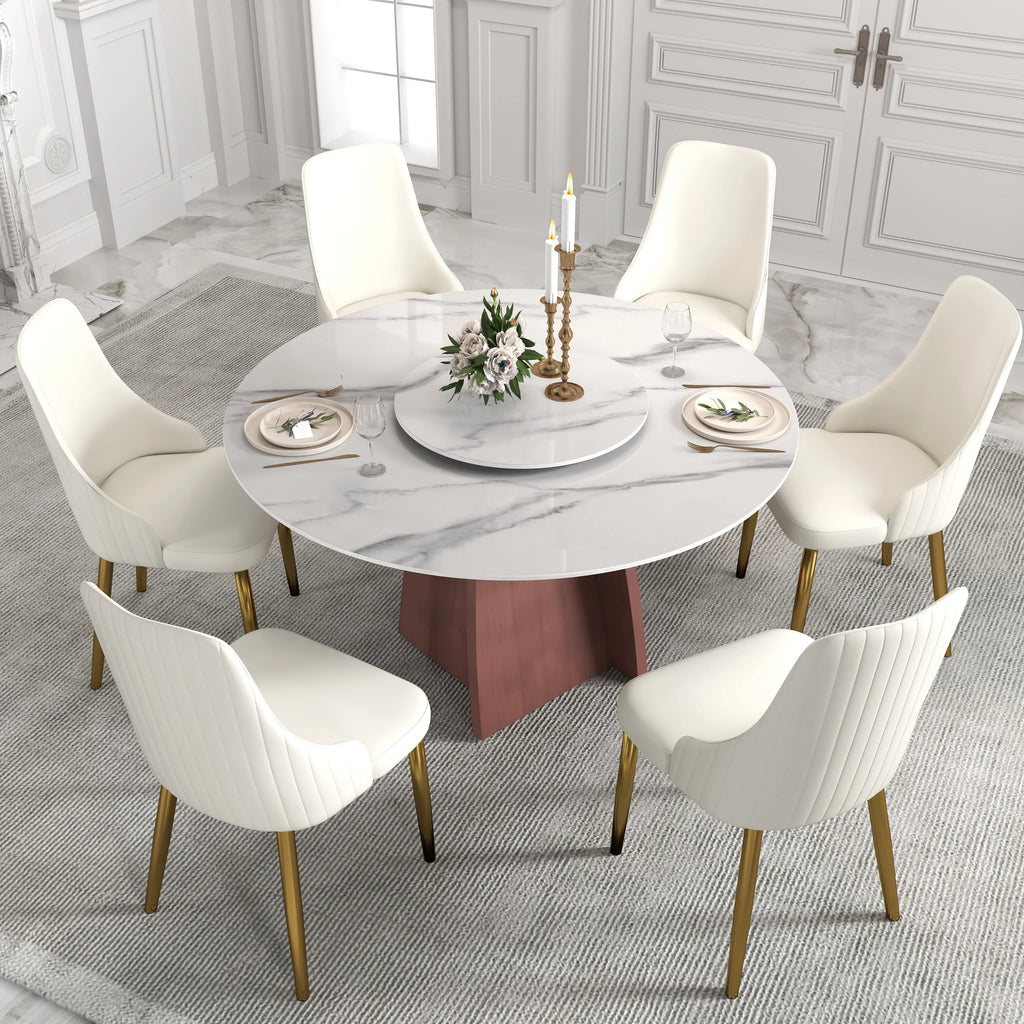 Table de salle à manger Marbella en pierre frittée | Ronde 53 cm, blanc brillant, avec plateau tournant Lazy Susan