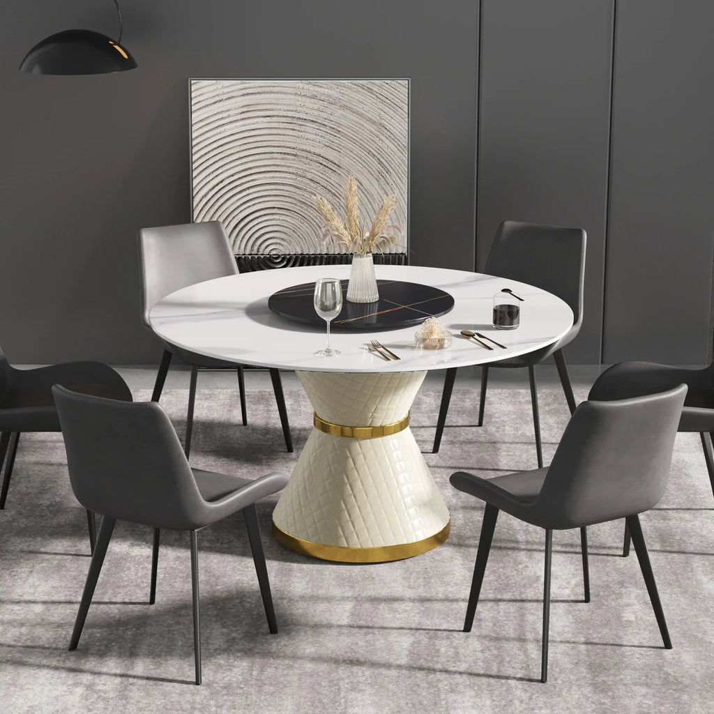 Table de salle à manger Marbella en pierre frittée | Ronde 53 cm, blanc brillant, avec plateau tournant Lazy Susan