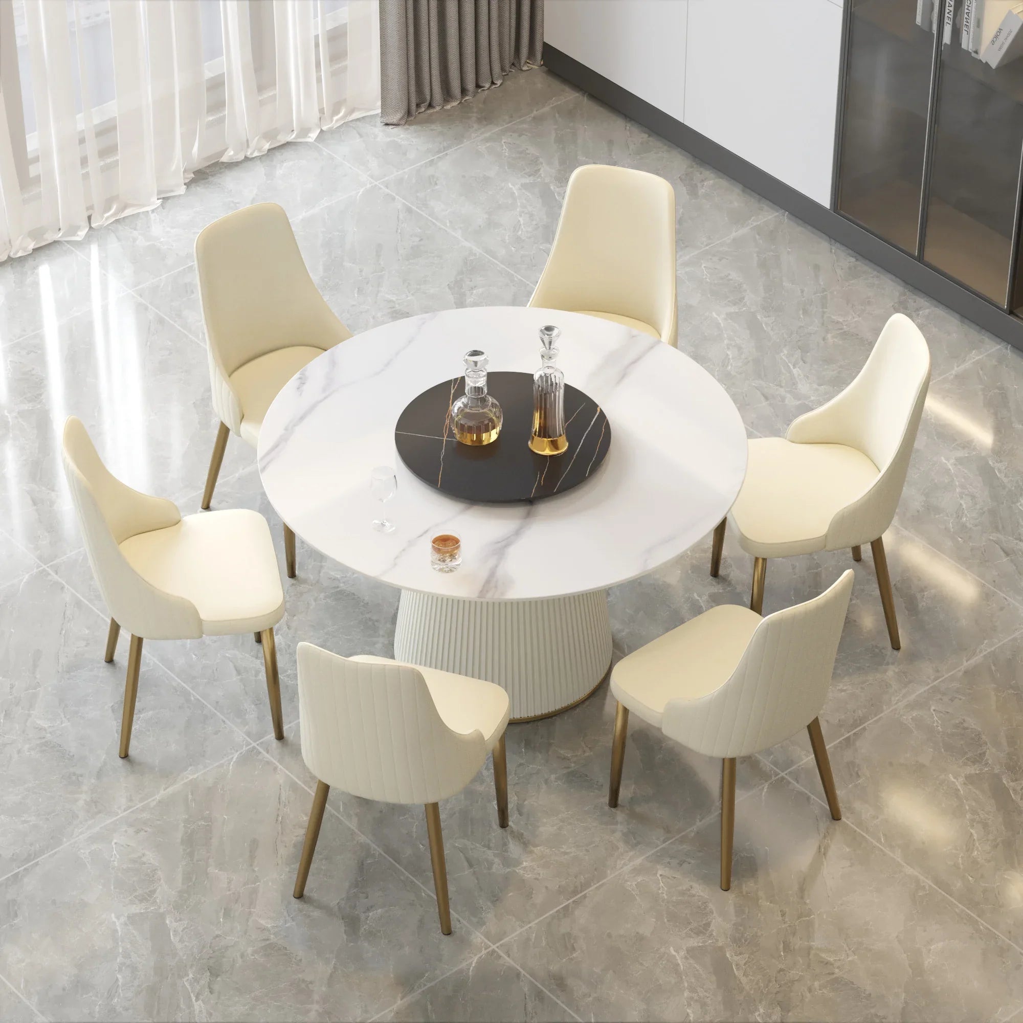 Table de salle à manger Marbella en pierre frittée | Ronde 53 cm, blanc brillant, avec plateau tournant Lazy Susan