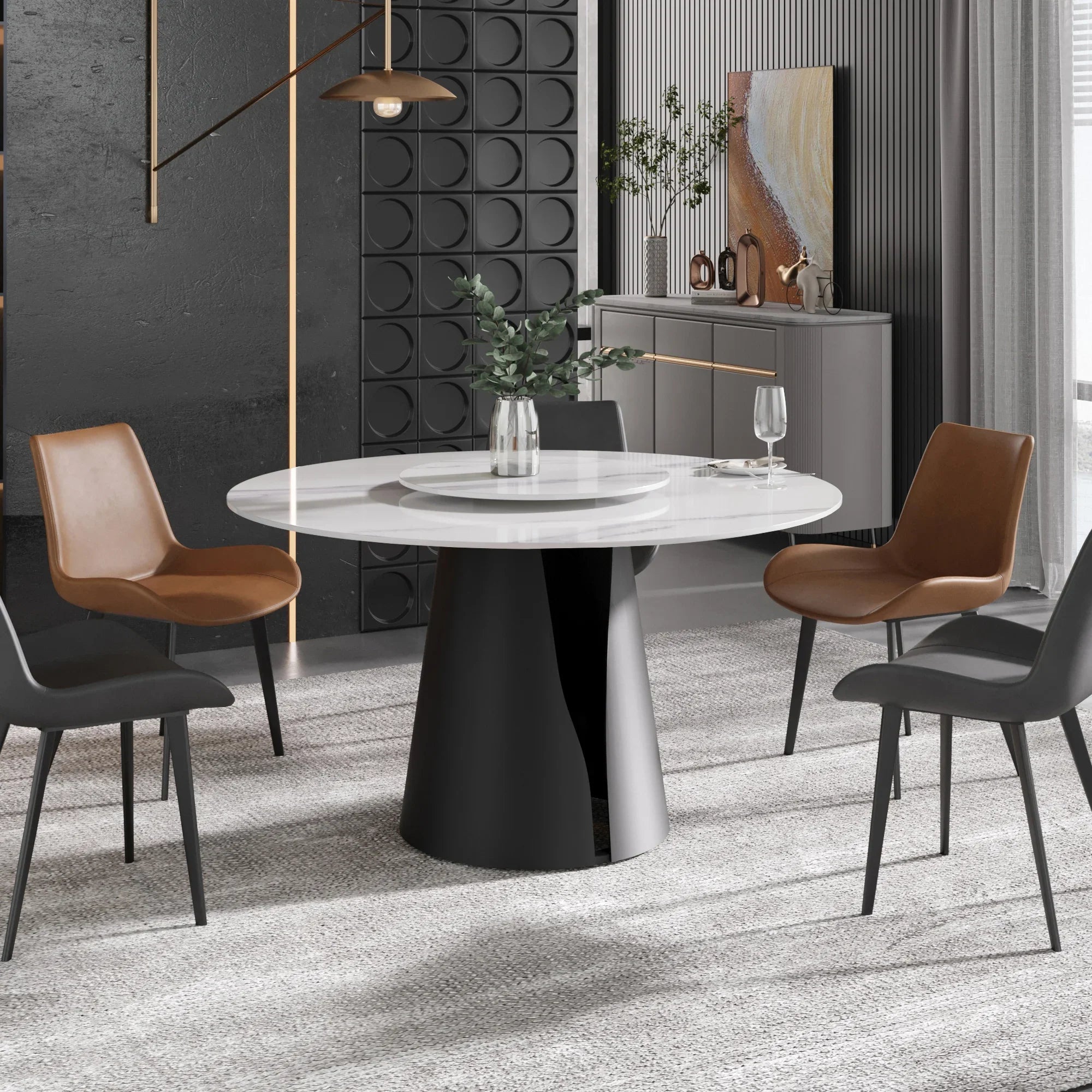 Table de salle à manger Marbella en pierre frittée | Ronde 53 cm, blanc brillant, avec plateau tournant Lazy Susan