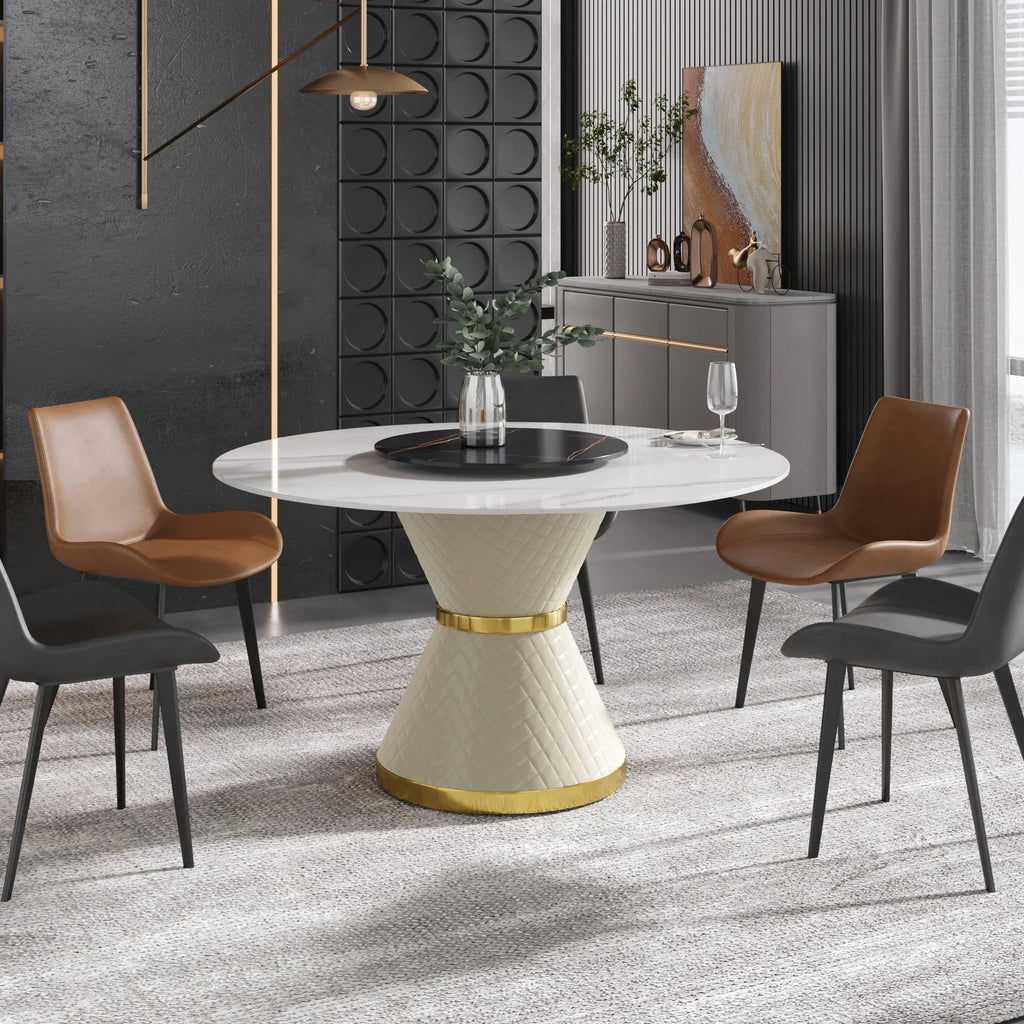 Table de salle à manger Marbella en pierre frittée | Ronde 53 cm, blanc brillant, avec plateau tournant Lazy Susan